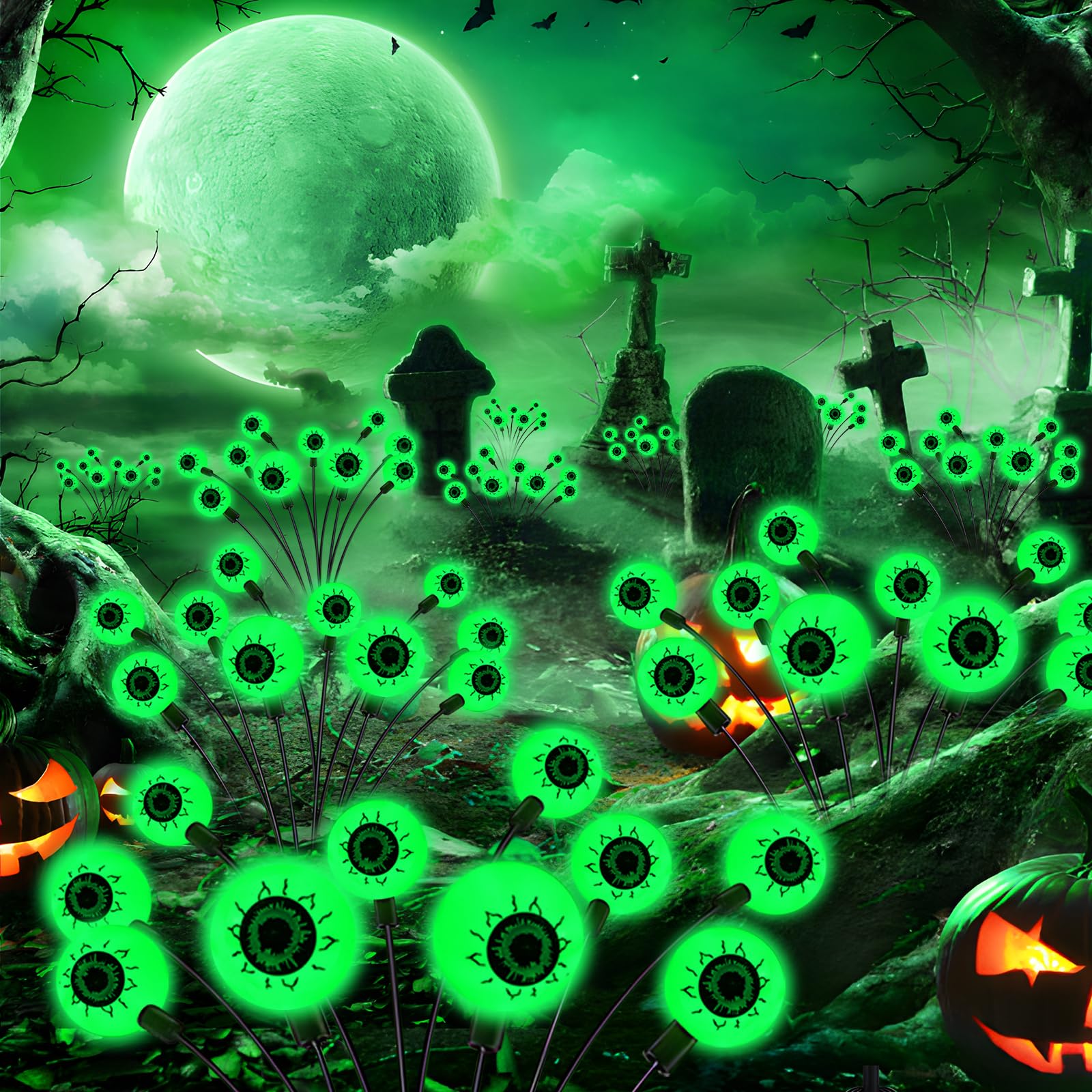Halloween Eyeballs Solar Lights, 2 Pack 20 Led Green Outdoor Light With 2 Modes, Scary Swaying Firefly Decoration Lights - Waterproof Solar Halloween Path Lights For Yard/Garden/Lawn/Party Decor