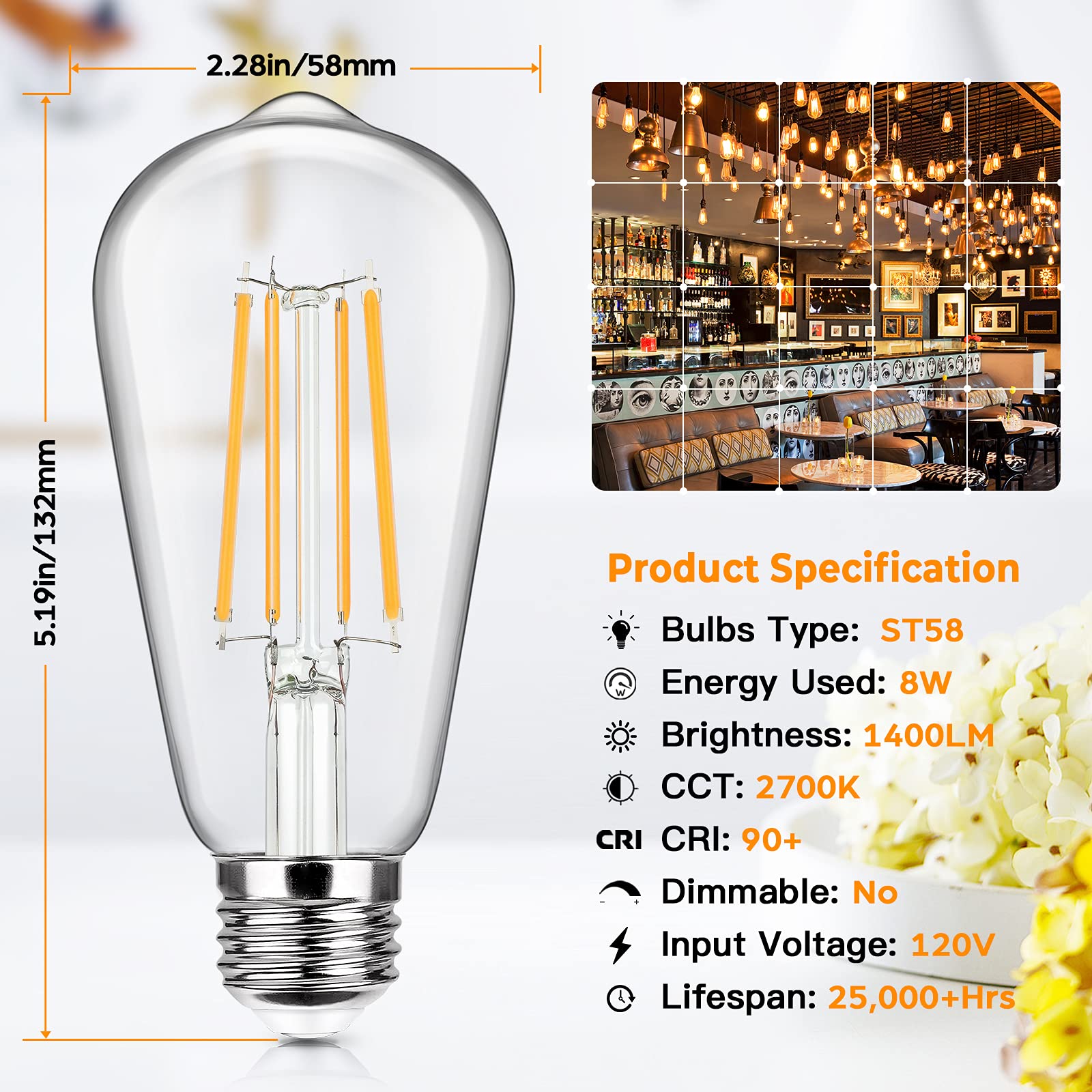 Sucolite 4-Pack Vintage Led Edison Bulbs, 100W Equivalent, 1400Lm, Soft Warm White, E26 Base