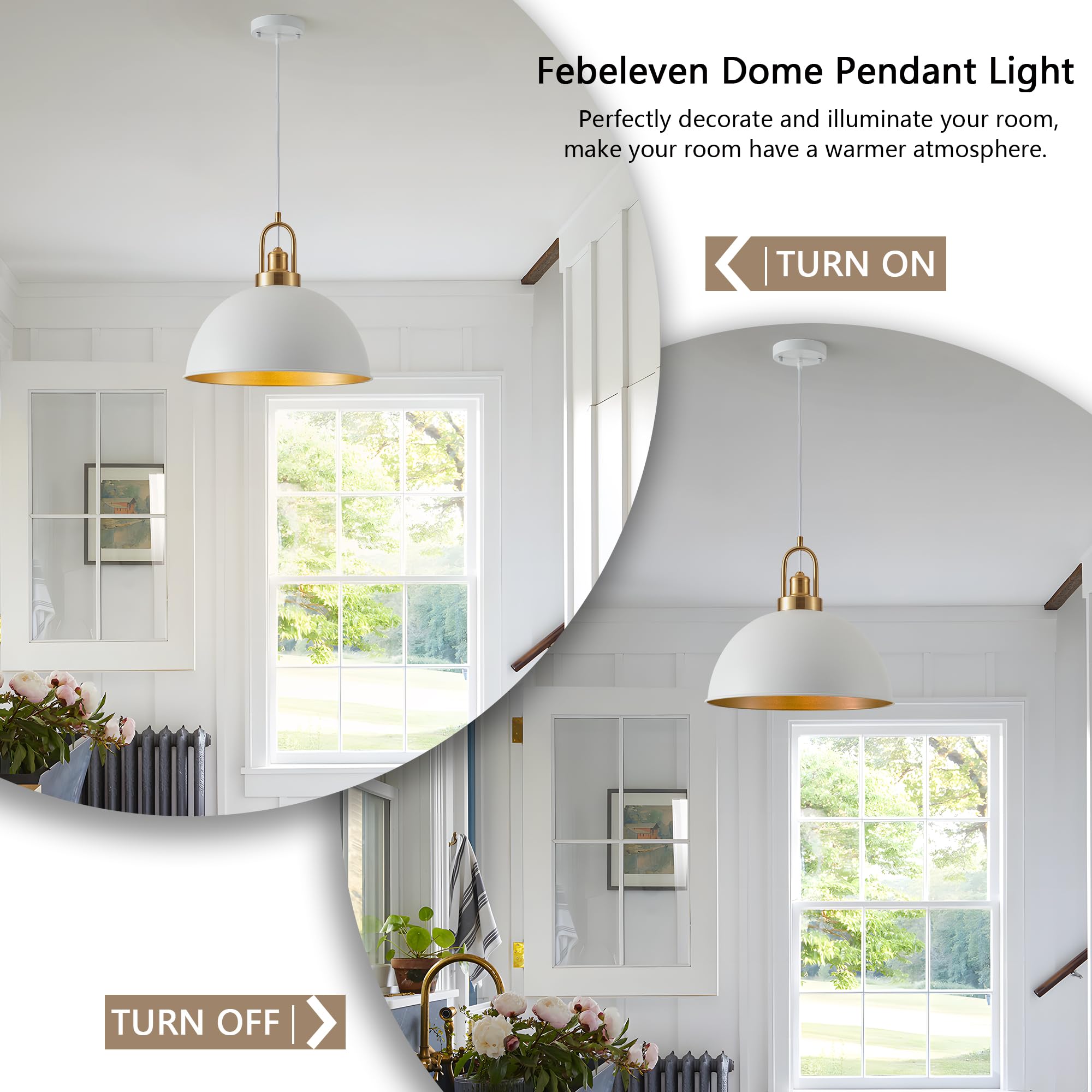 Febeleven 15.74'' Industrial White Large Pendant Light Matte Finish Metal Light Fixture Farmhouse Hanging Light For Kitchen Isla