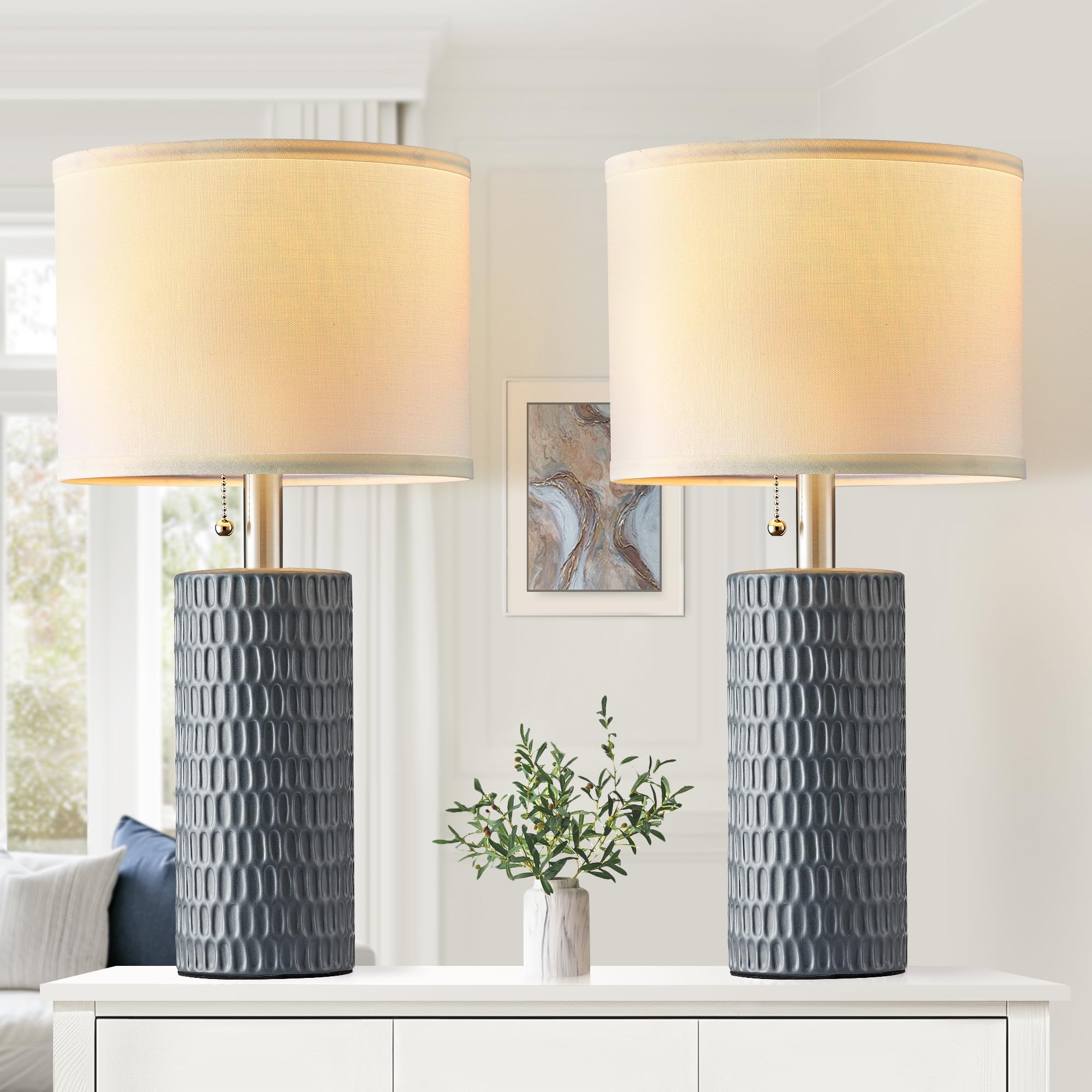 Reaketon Ceramic Table Lamp Set of 2, 20'' Bedside Lamps for Living Room, Bedroom & Home Office - Modern Nightstand Lamps With P