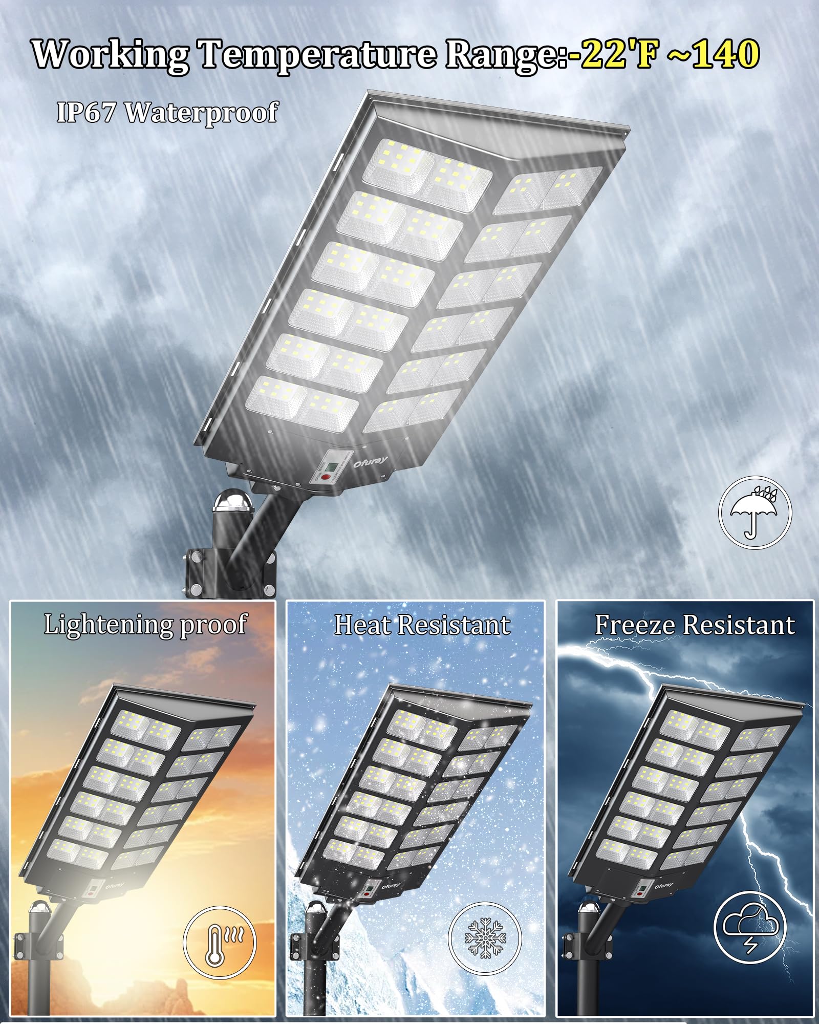 Ofuray Solar Street Light, 6500K Waterproof LED, Remote Control, Model Of-9800W, Black, Outdoor Security Flood Light
