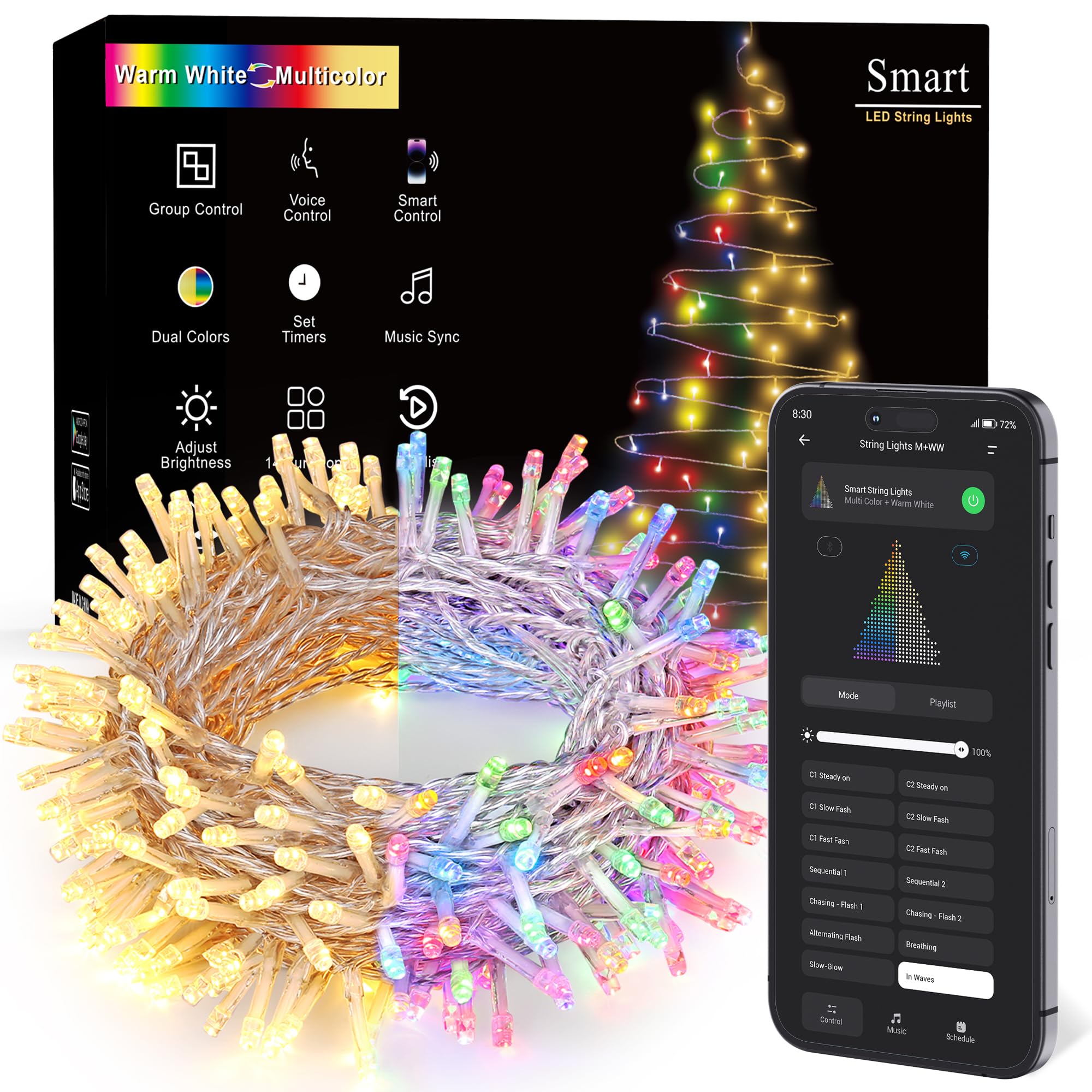 Brizled Smart Color Changing Christmas Lights, 66FT 200 LED Warm White & Multicolor Color Changing App Control Fairy Lights, Dimmable Music Sync Xmas Tree Light for Indoor Outdoor Wedding, Party Decor