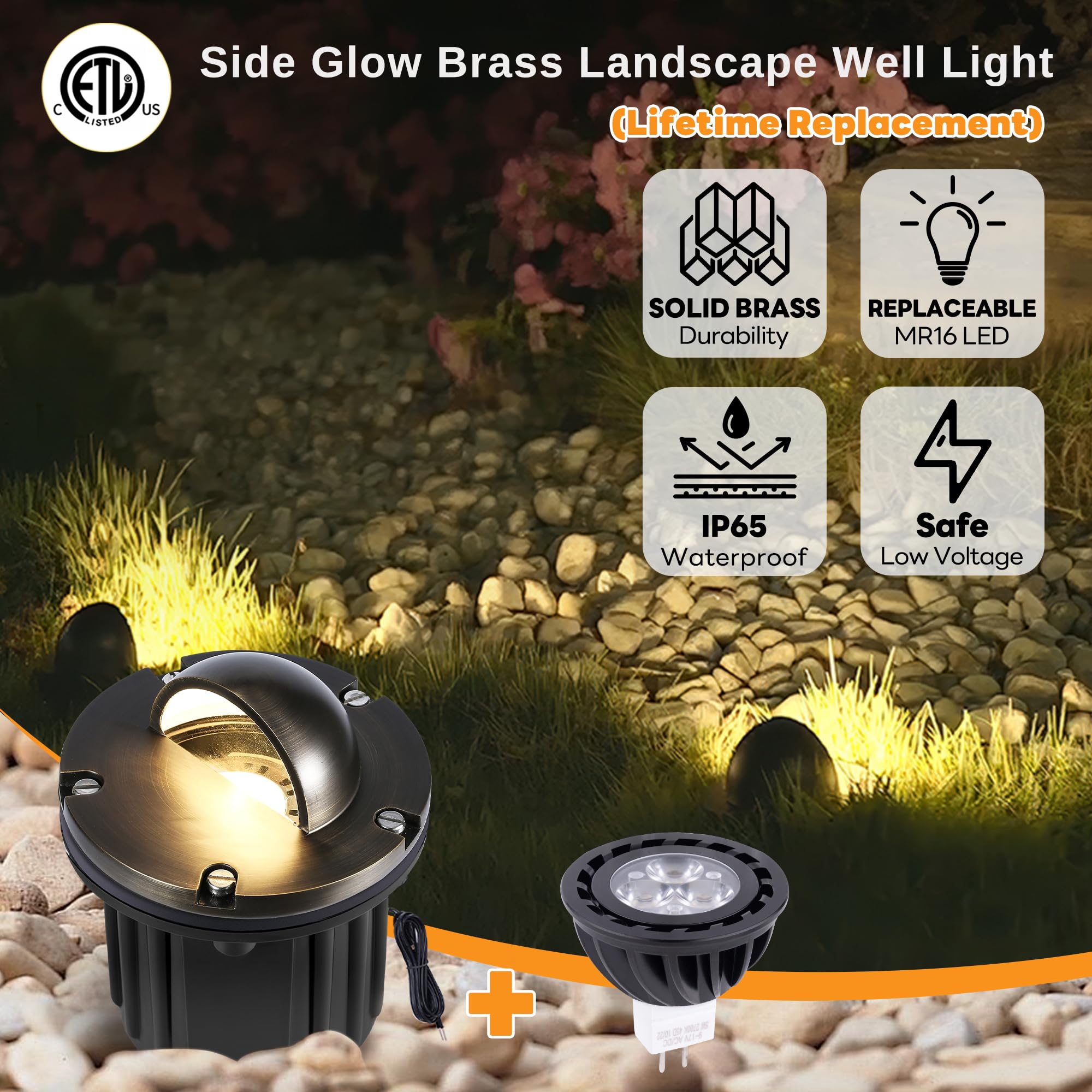 Gardenreet Landscape Brass Well Lights - Brass Ip65 Hardwired Electric In-Ground Lighting, Low Voltage 12V Fixture, Antique Bron