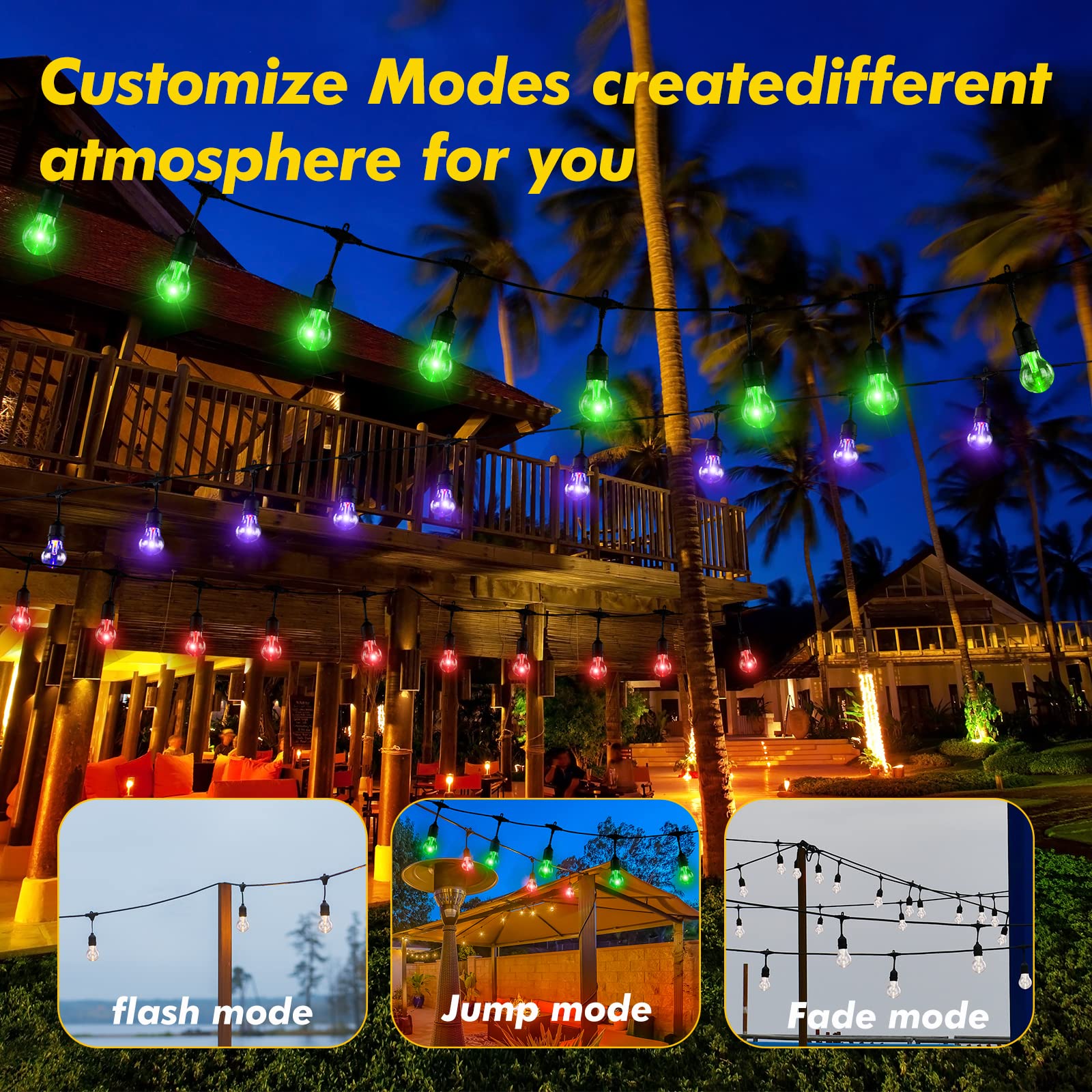 Auroraworld Outdoor String Lights Rgb, 48Ft Dimmable Patio String Lights With Shatterproof Edison Bulbs, Remote, Commercial Solar String Lights For Cafe, Patio, Yard, Party