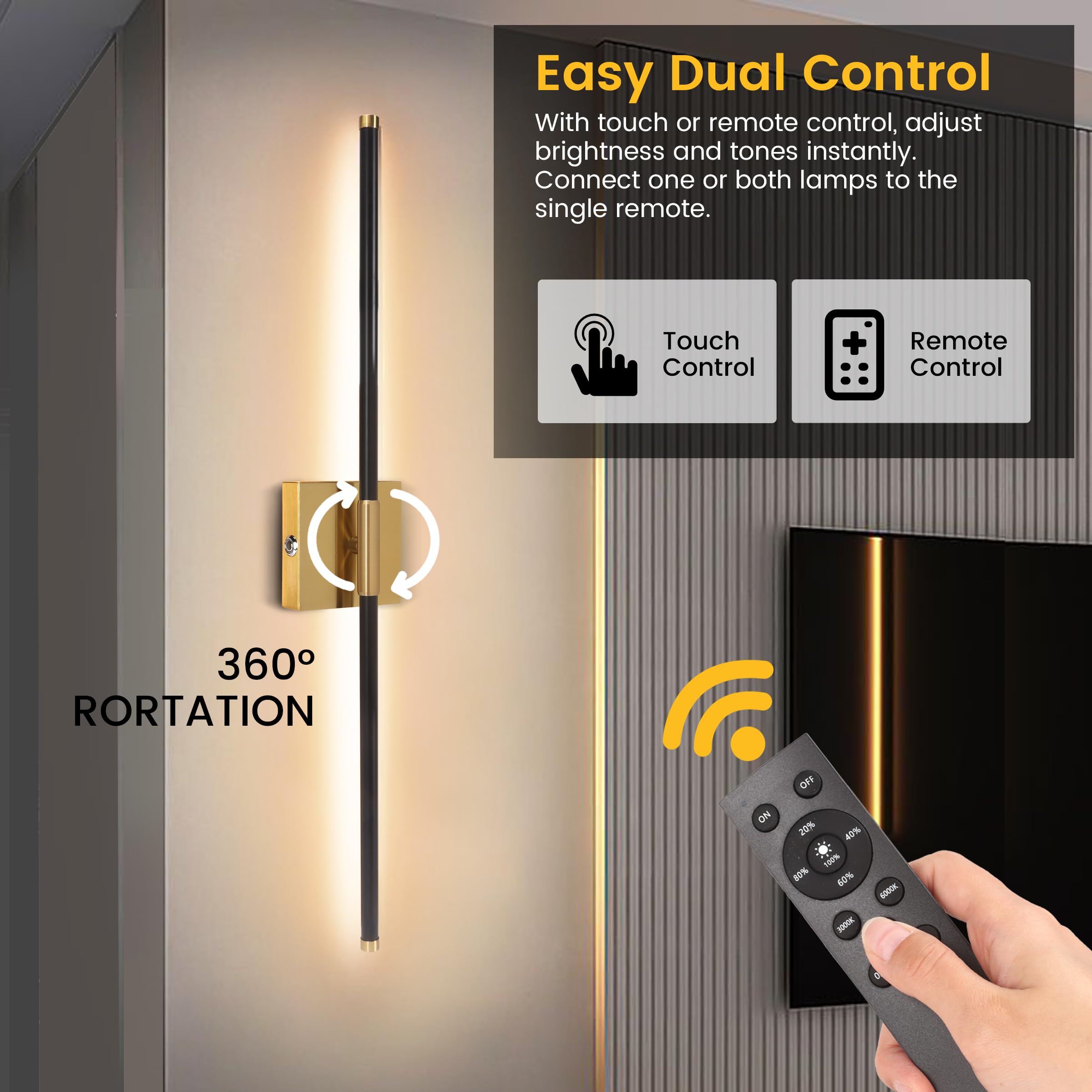 Battery Operated Wall Sconces with Remote Control Dimmable Wall Sconces Set of Two 350?Rotate 3000K LED Brass Gold and Black Wir