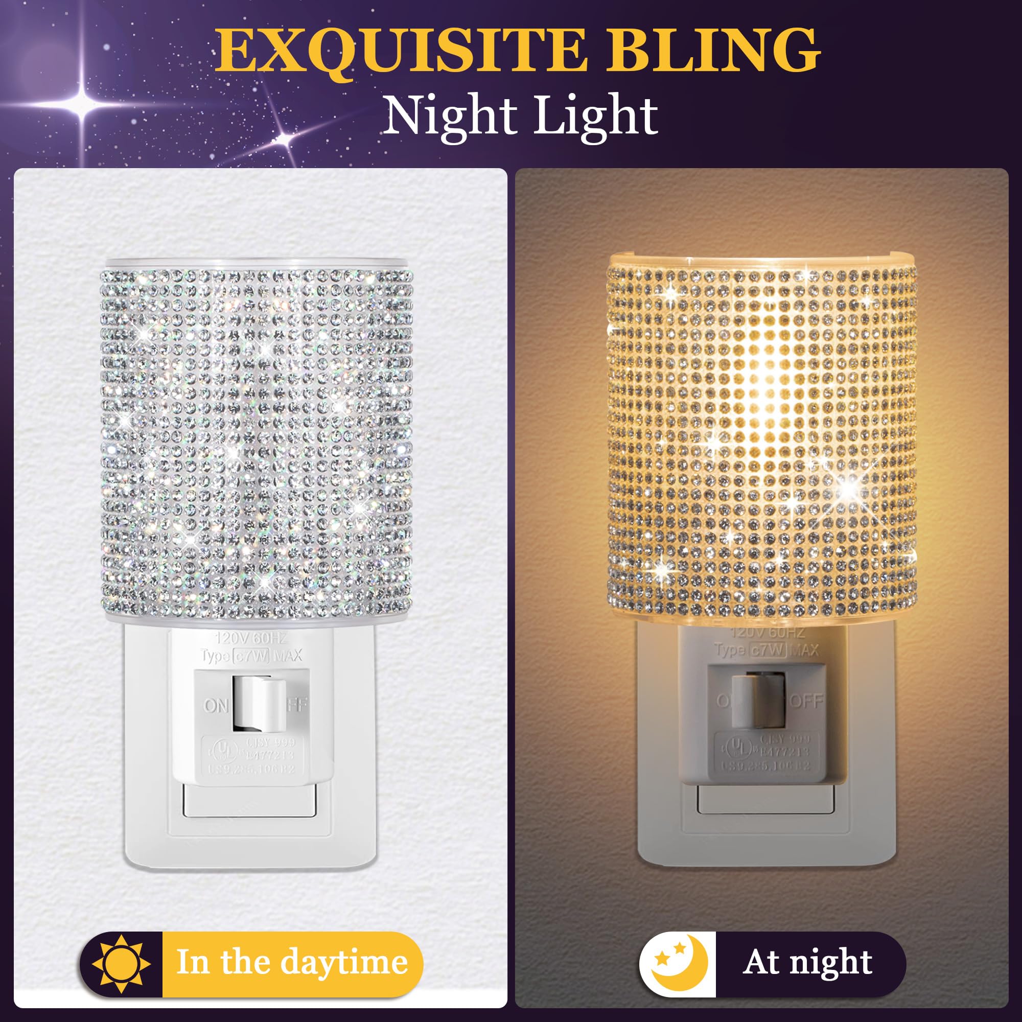 ElectricWise Warm White Crystal Decoration Night Light, Plug-In with Manual Switch & 360° Swivel for Bedroom Decor