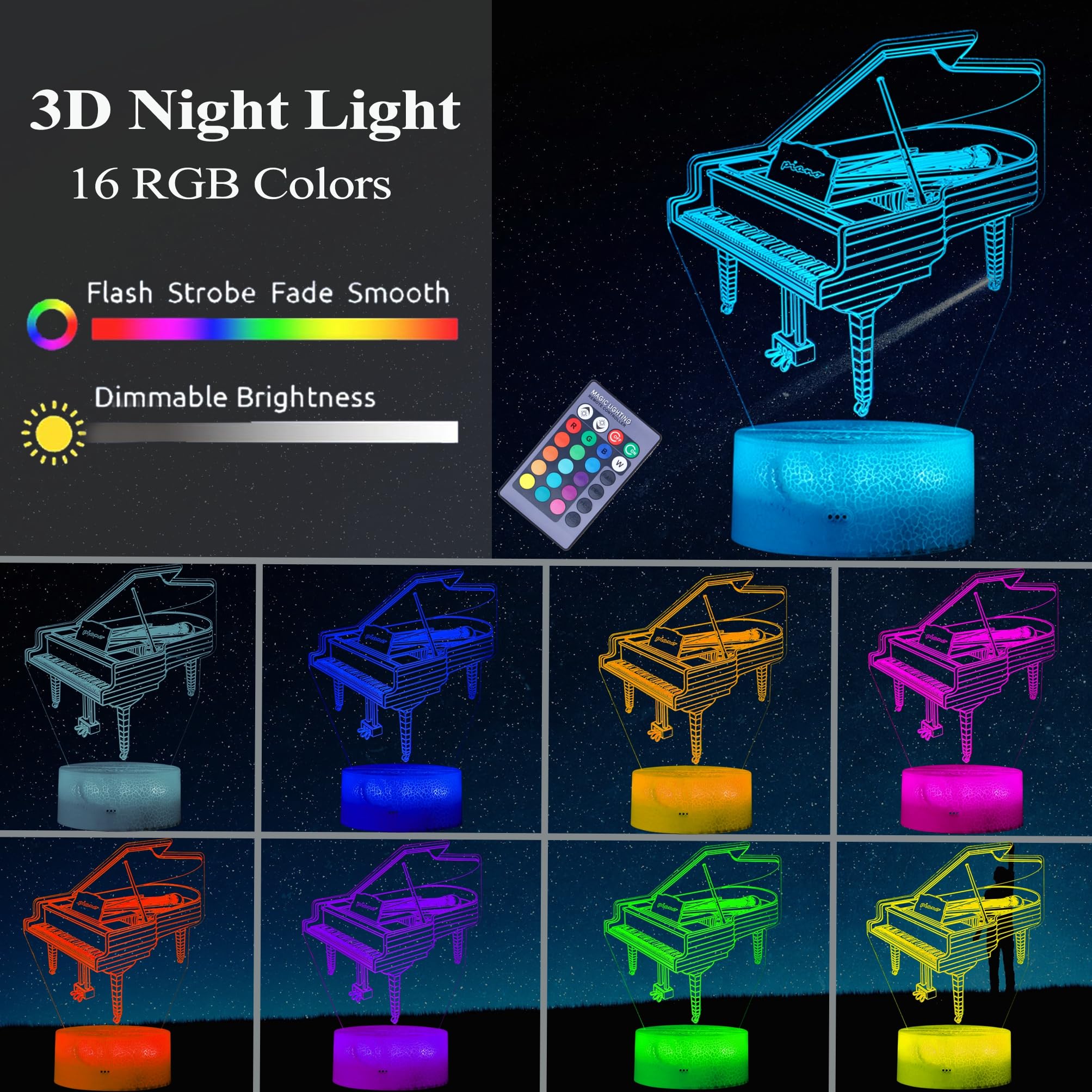 Posshe Piano Night Light, Instrument Gifts, Piano 3D Illusion Lamp With 16 Colors Changing, Remote Control And Dimmable, Kids Bo