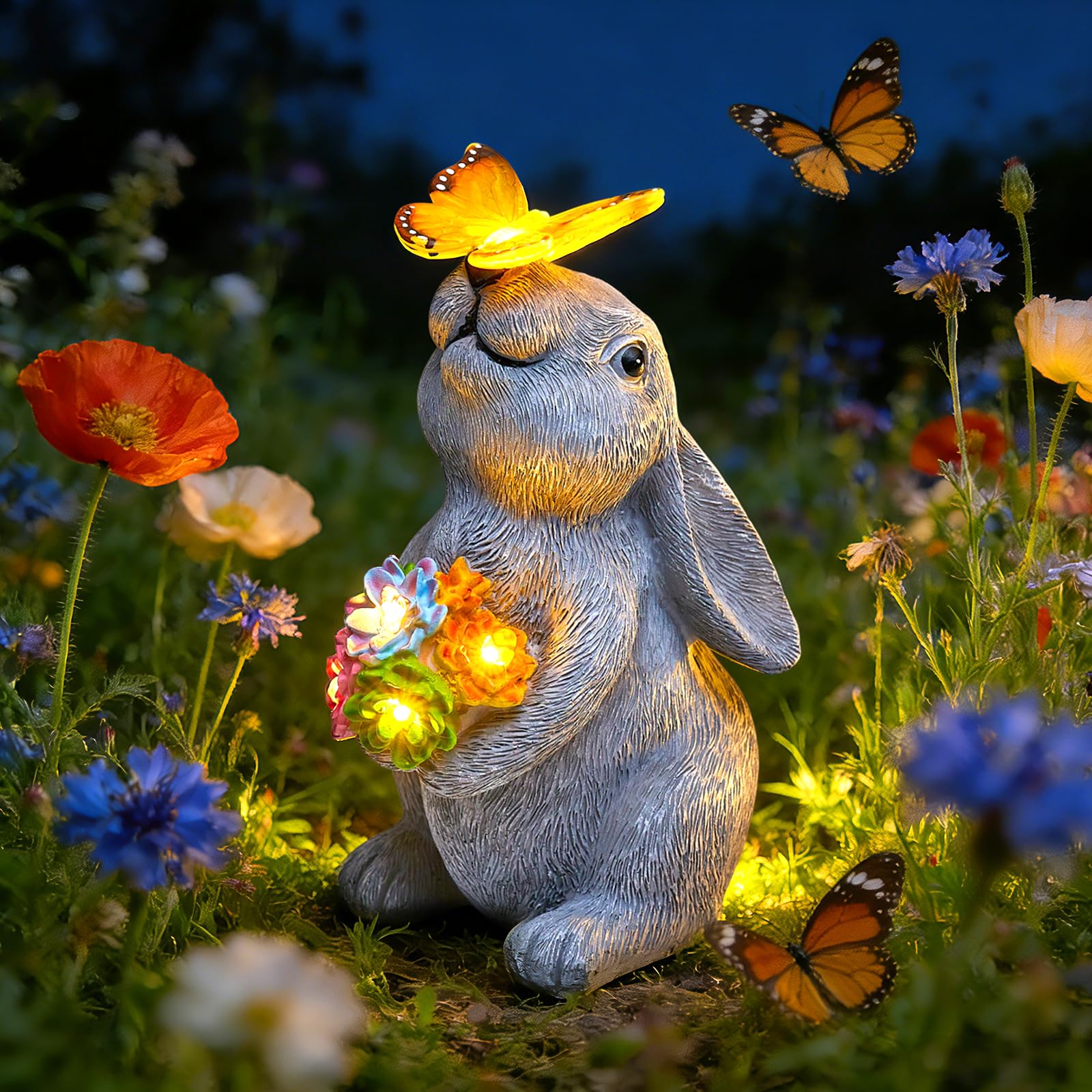 Brightown-Solar-Rabbit-Garden-Decor-Statue with 6 LED Lights  Hand-Discomfortted Resin  IP65 Waterproof Outdoor Decor for Patio  Lawn & Yard Decorations  Unique Mothers Day Gifts for Mom Women