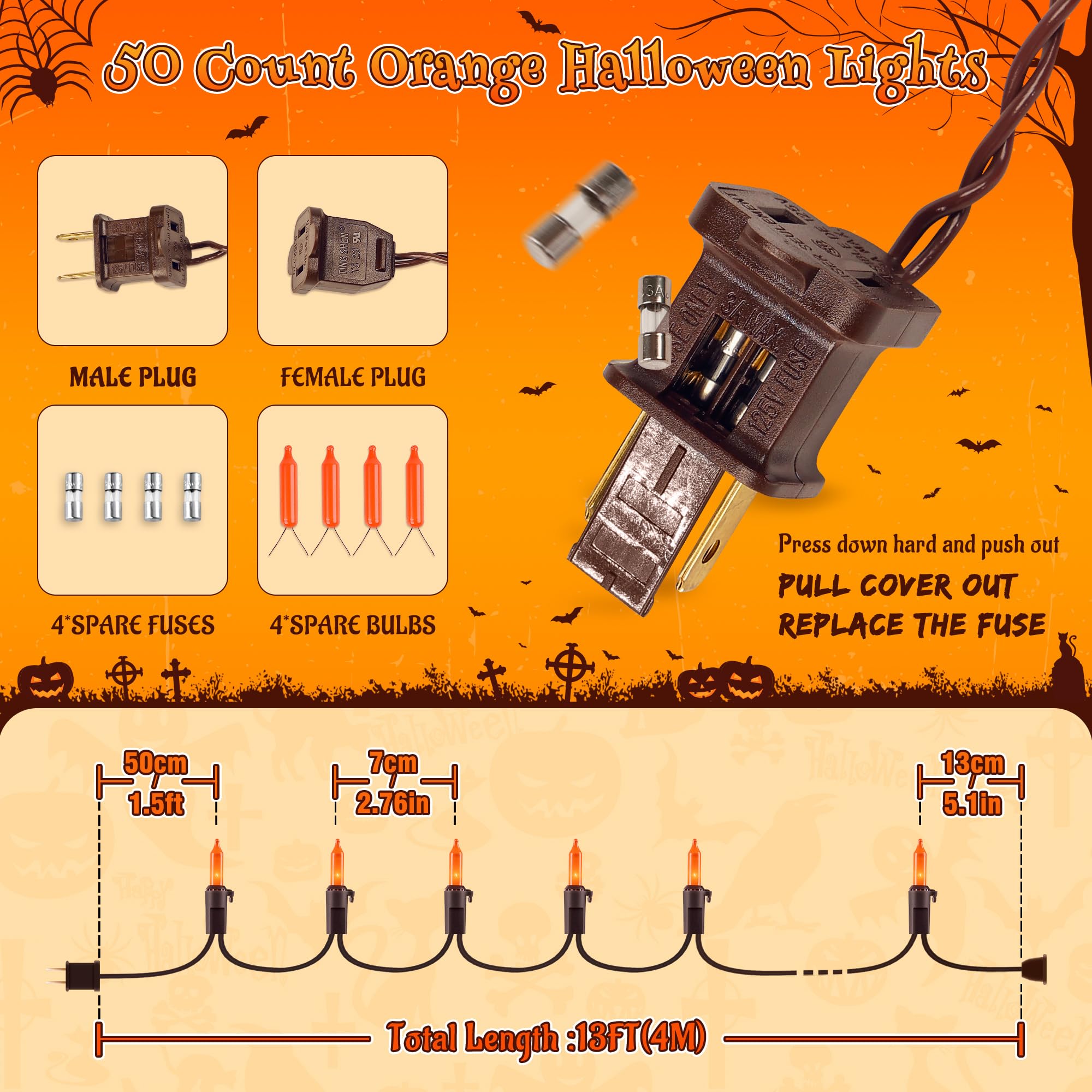 Youngar Orange Halloween Lights, Clear Christmas Lights Outdoor,13Ft 50 Ul Approved Christmas String Lights With Brown Wire,Inca