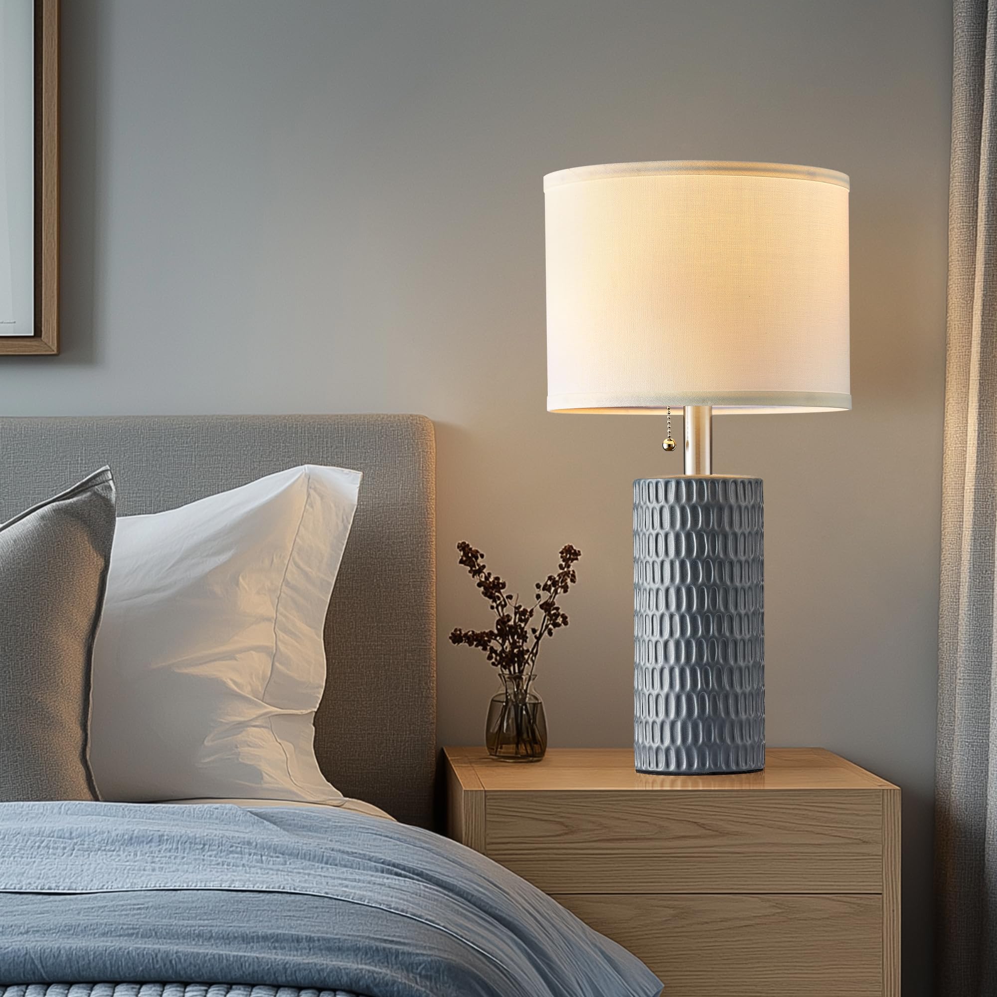 Reaketon Modern Table Lamps Set of 2, 20" Ceramic Nightstand Lamps, Grey, Model 102-1TDGY