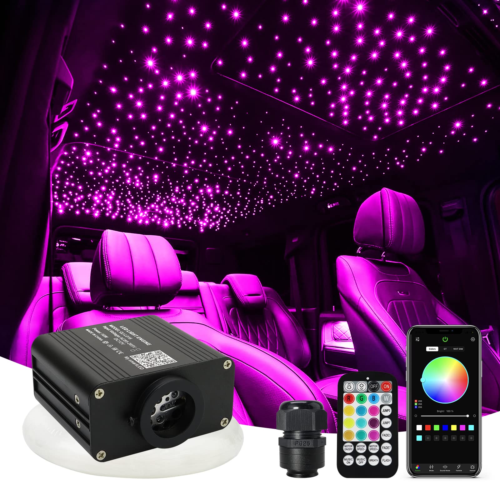 Amki Upgraded 16W Starlight Headliner Kit Twinkle+Sound Activated 600Pcs 0.03In 9.8Ft Cable Fiber Optic Light App/Remote Control For Car Home Star Ceiling Decoration