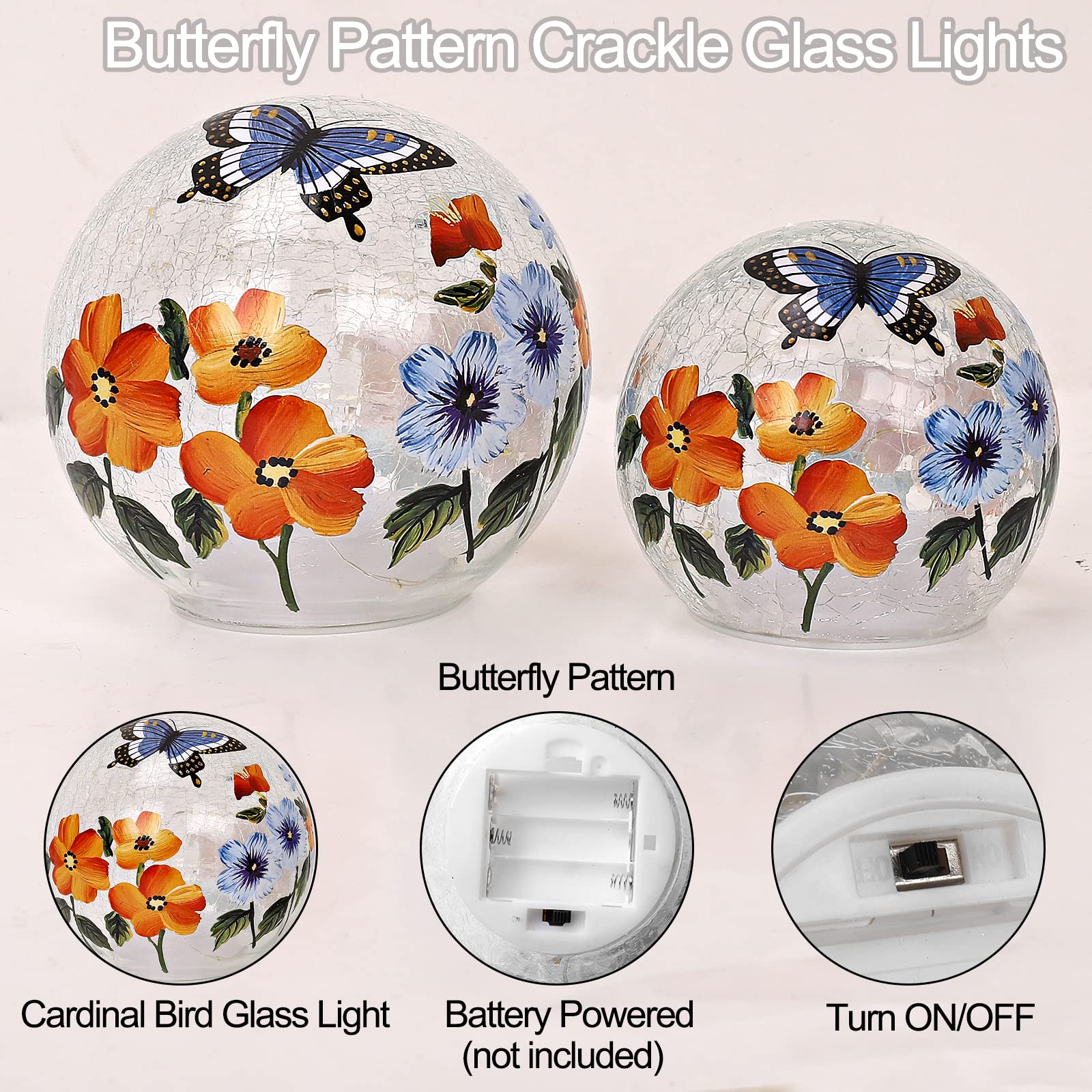 IdealXmas Glass  le Glass Ball Light LED Night Light, White, Floral Pattern, 2 Pack