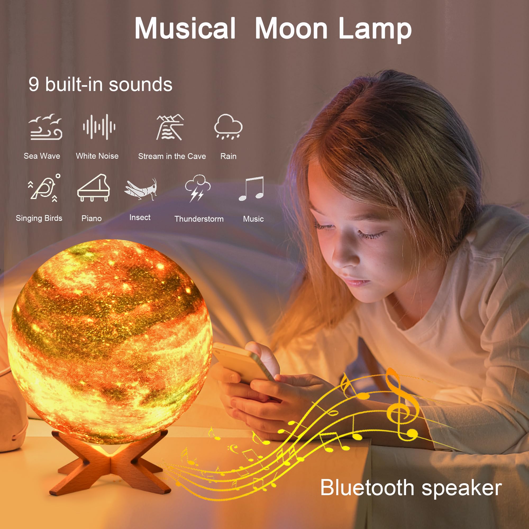 HYODREAM Moon Lamp with Bluetooth & White Noise, 5.9" Multicolor 3D Night Light for Kids' Room Décor, Ideal for Gifts