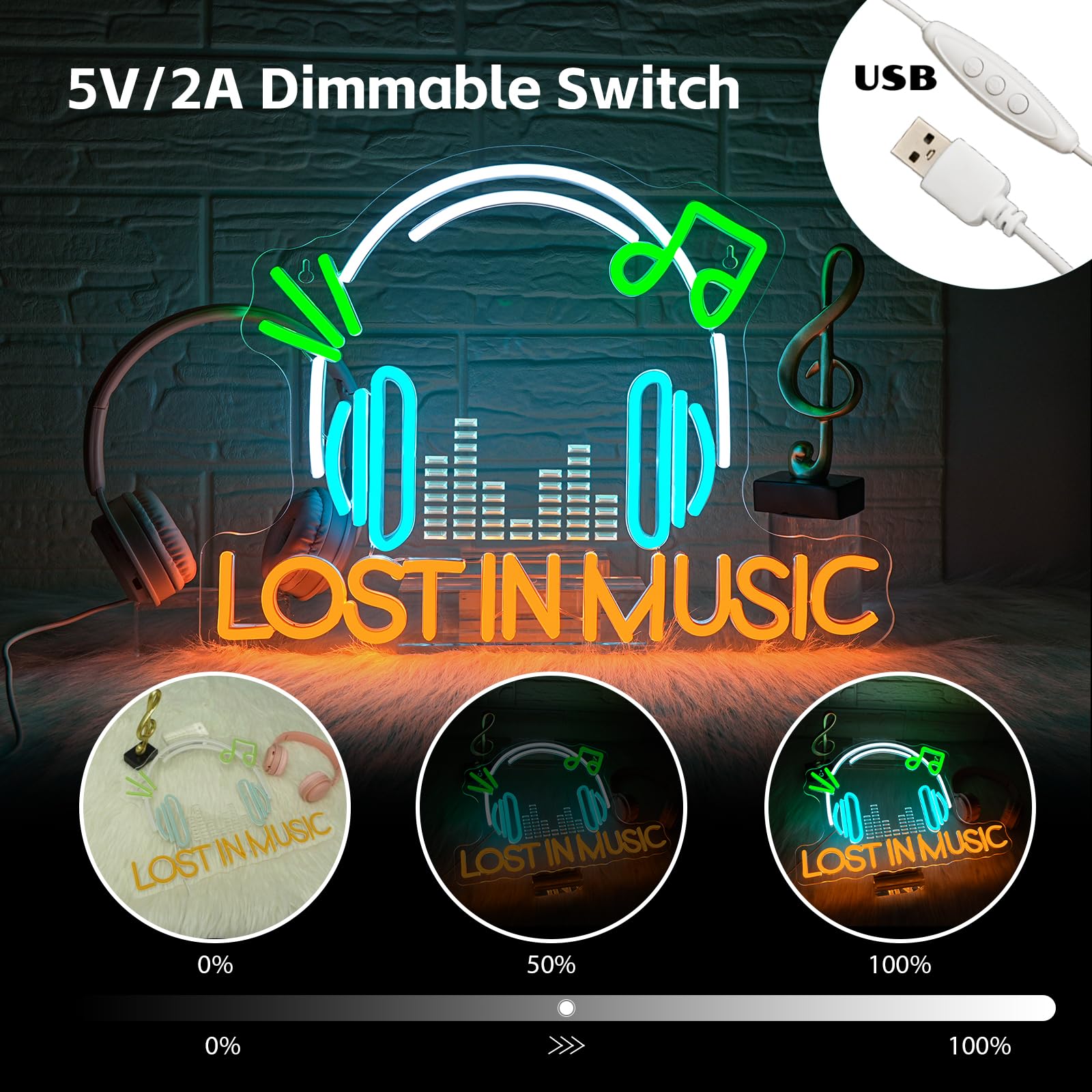 Looklight Live Music Neon Sign Lost In Music Neon Signs For Wall Decor Led Lights For Studio Disco Party Karaoke Bar Club Pub Rock And Roll Bedroom Decorations Gifts