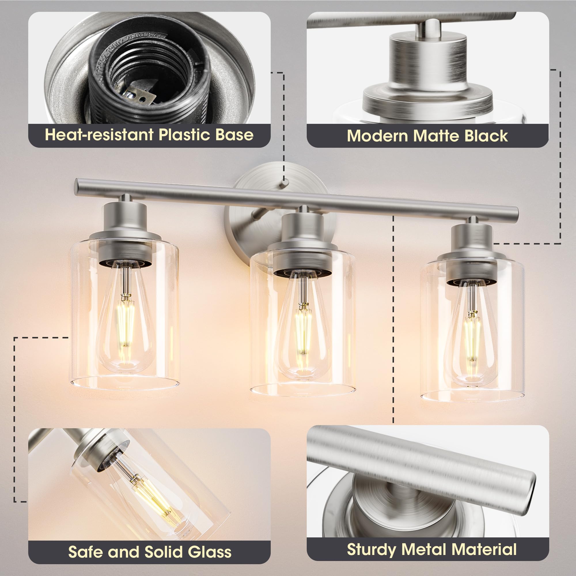 Weyderk Brush Nickel Bathroom Vanity Light - 3 Light Bathroom Light Fixture With Clear Glass Shades, Ul Certification & E26 Base, Brush Nickel Bathroom Vanity Lights Over Mirror For Bathroom