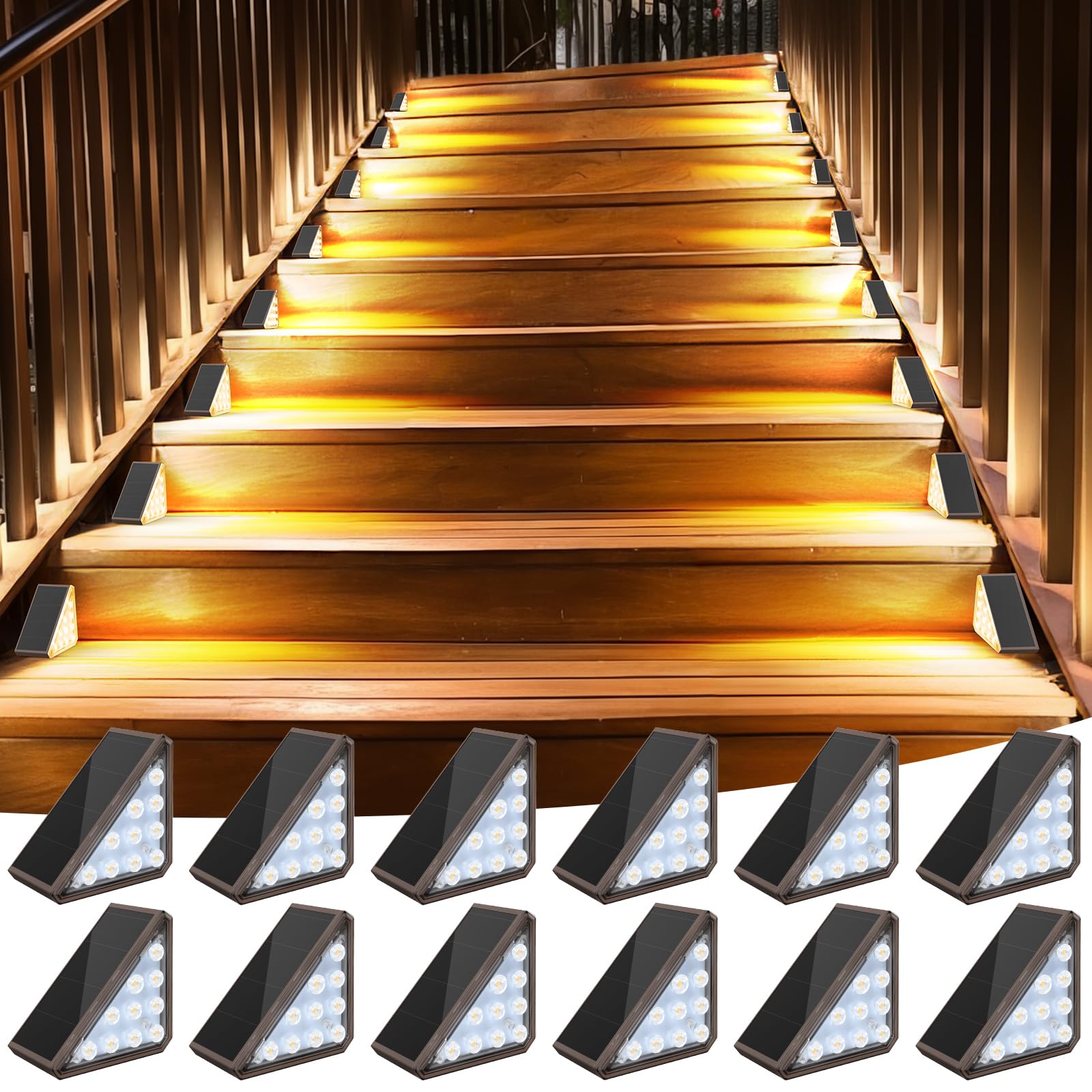 AUDLES 12 Pack Solar Stair Lights Outdoor Stair Lights with Waterproof IP67 LED Solar Light for Outside Light Decor for Stair, D