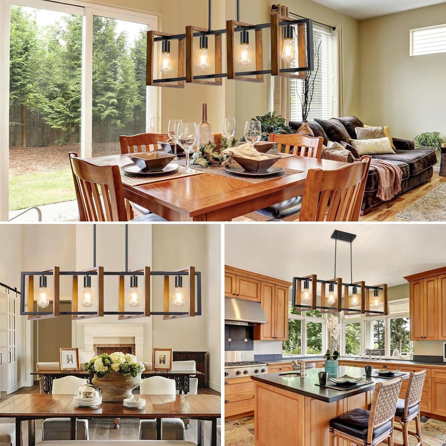 4 Lights Dining Room Light Fixture, Farmhouse Kitchen Island Lighting Wood And Black Metal Rectangular Hanging Chandelier For Ce