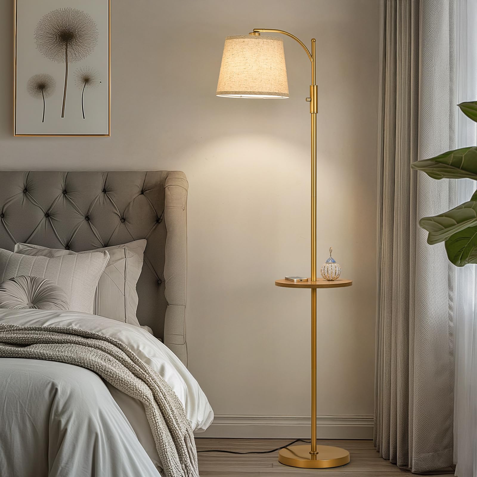 AIDENOEY Fully Dimmable Gold Floor Lamp with Beige Shade, Large Size, Model HYZC0203, Adjustable Head, 9W LED Bulb Included