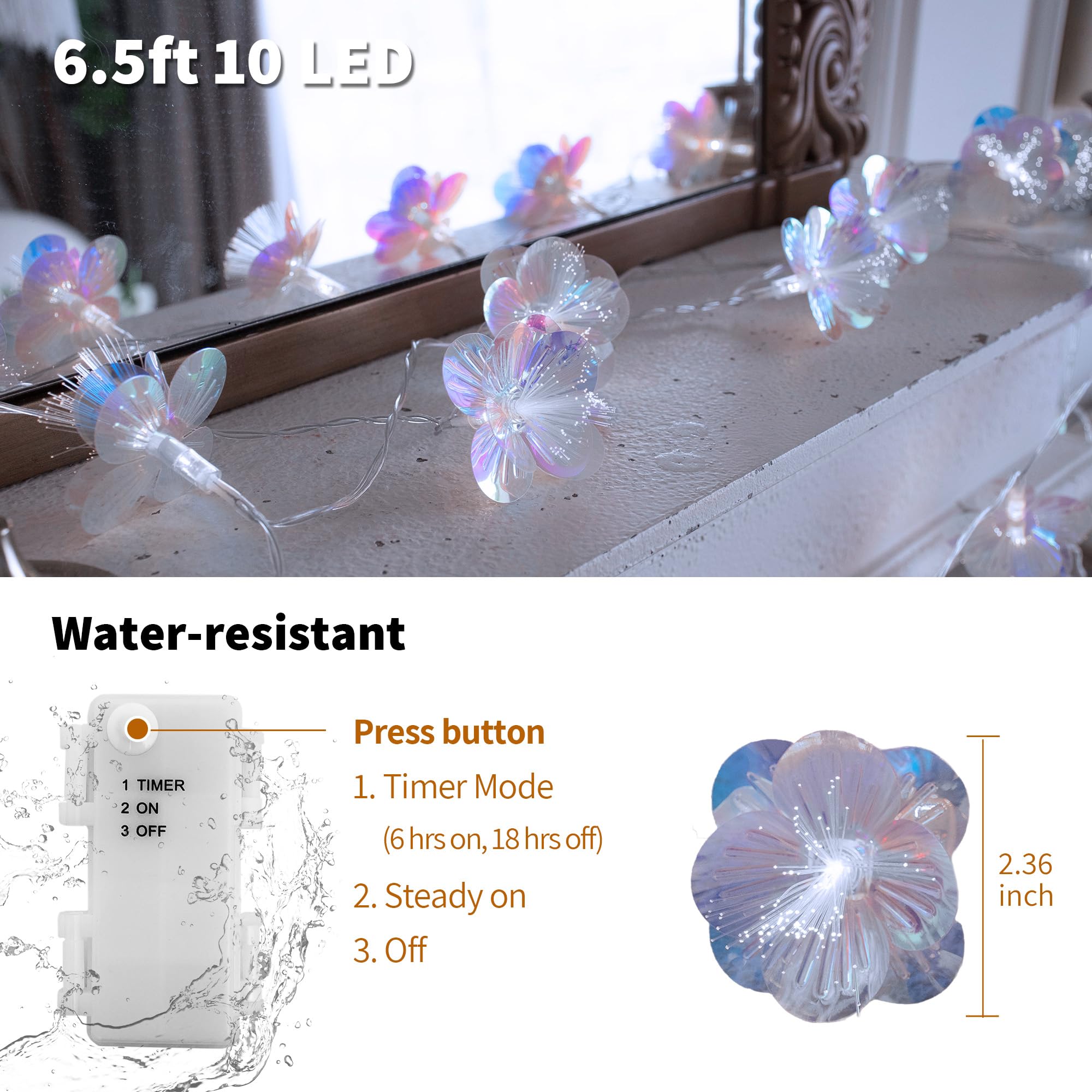YOLIGHT Fiber Optic Flower String Lights, 10 LED, 6.5ft, Battery Operated, White, Model YL-BA-GX