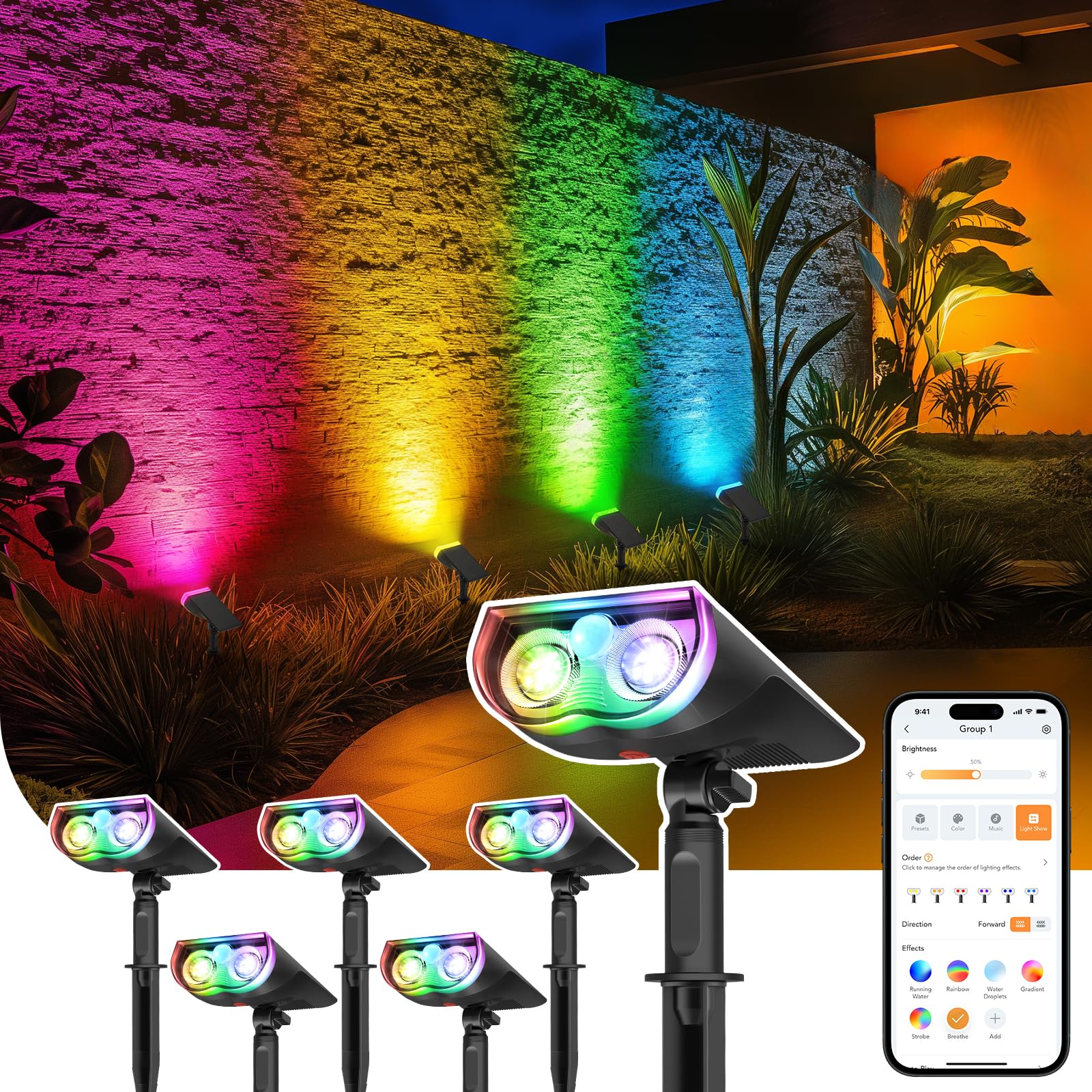 Linkind Smart Solar Lights Outdoor SL5 with Motion Sensor, APP Control Color Changing Solar Spot Lights Outdoor, IP65 Landscape 