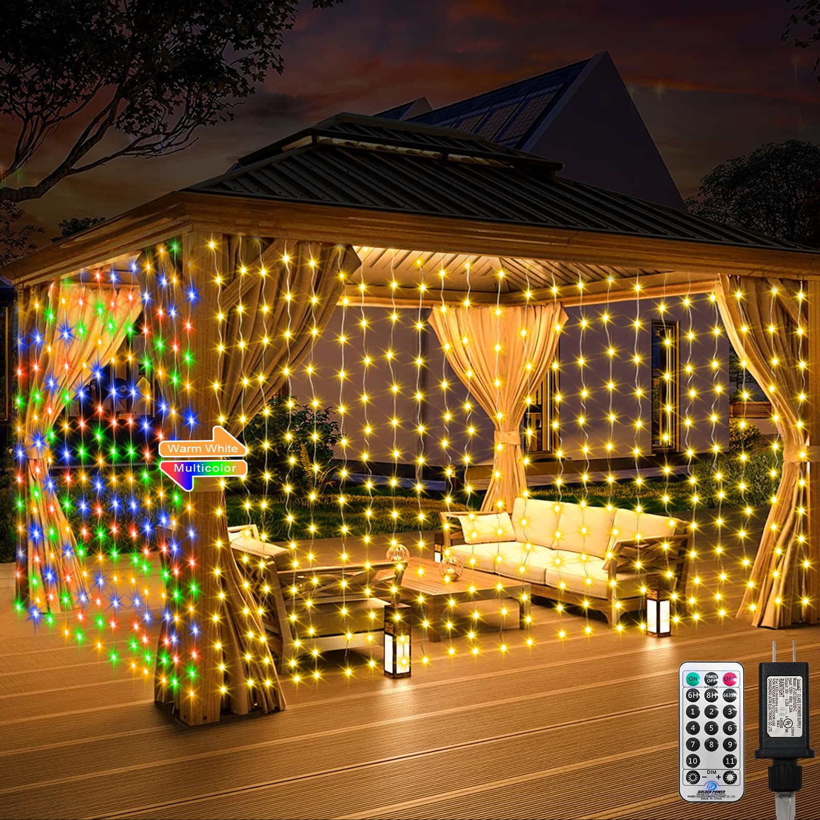 echosari 600 LED Curtain Lights, 20Ft x 10Ft, Dual Color Changing, Waterproof, Warm White & Multicolor, Model DMO-300