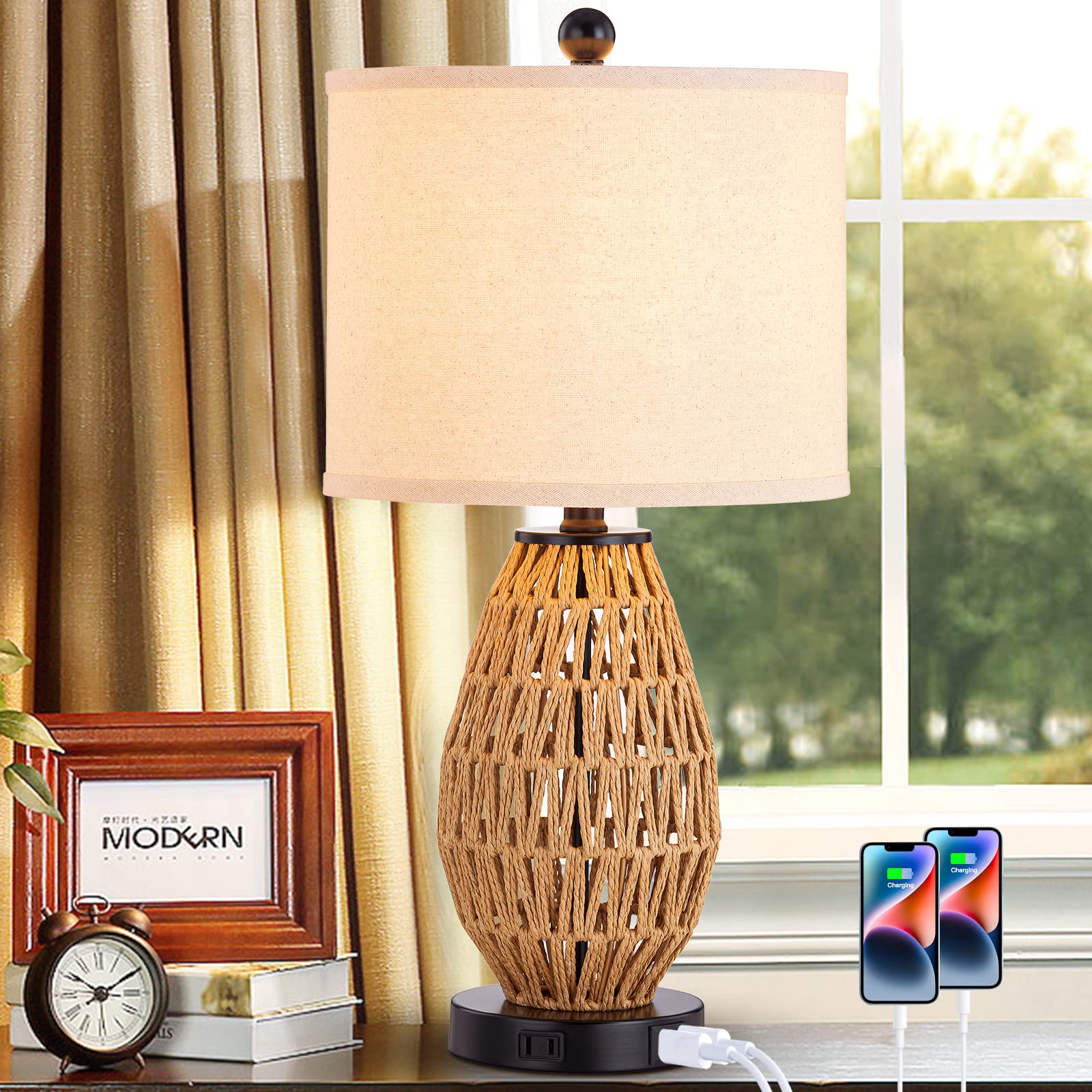 CINSARY Touch Control Rattan Table Lamps, 3 Way Dimmable Bedside Lamps for Bedroom with 2 USB Ports and AC Outlet, Wicker Nightstand Lamps for Living Room Home Office (LED Bulbs Included)