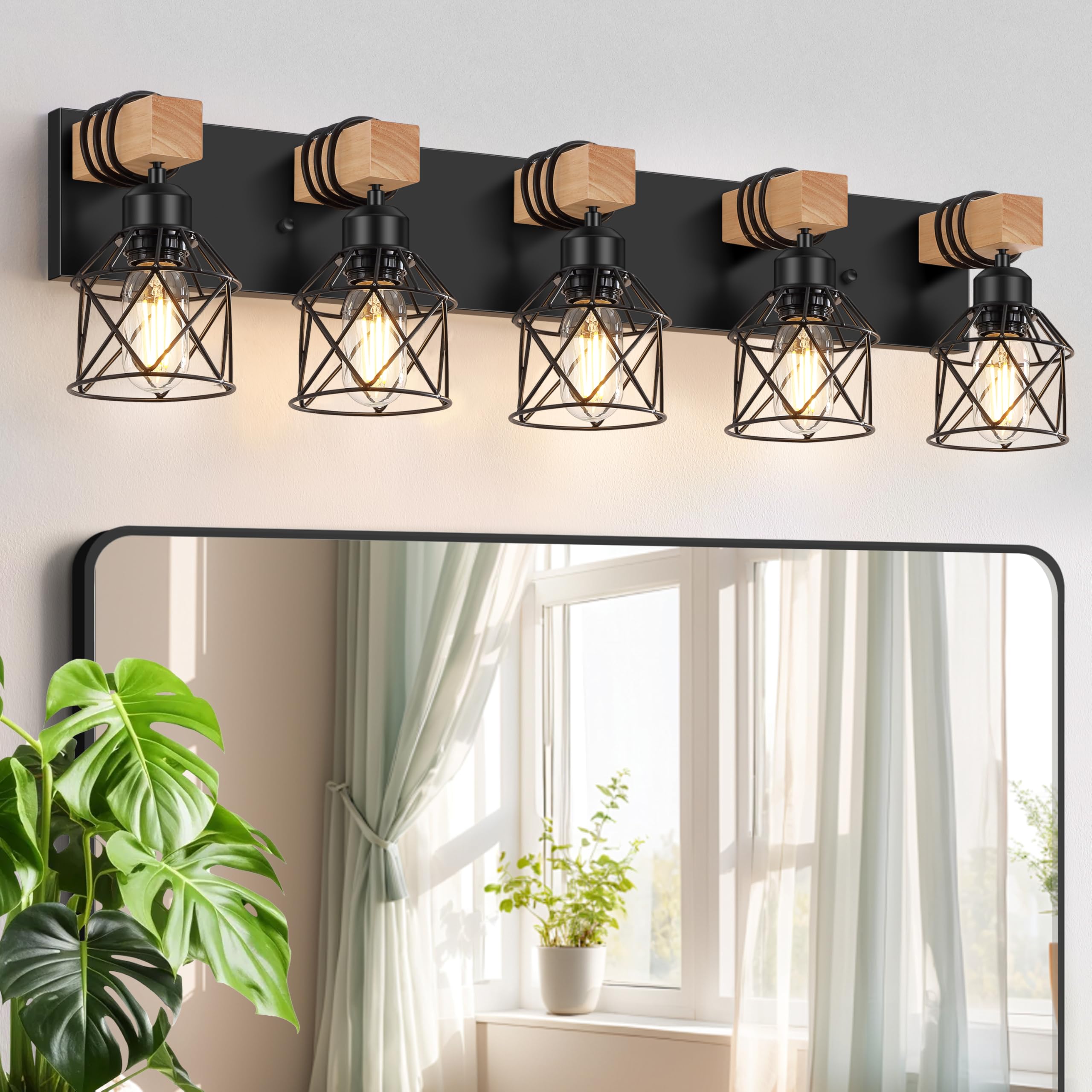 Fadimikoo 5-Light Wooden Black Bathroom Light Fixtures  Rustic Style Vanity Wall Sconces Lighting With Metal Cage  Farmhouse Bathroom Lights Wall Mount For Bedroom  Living Room  Entrance