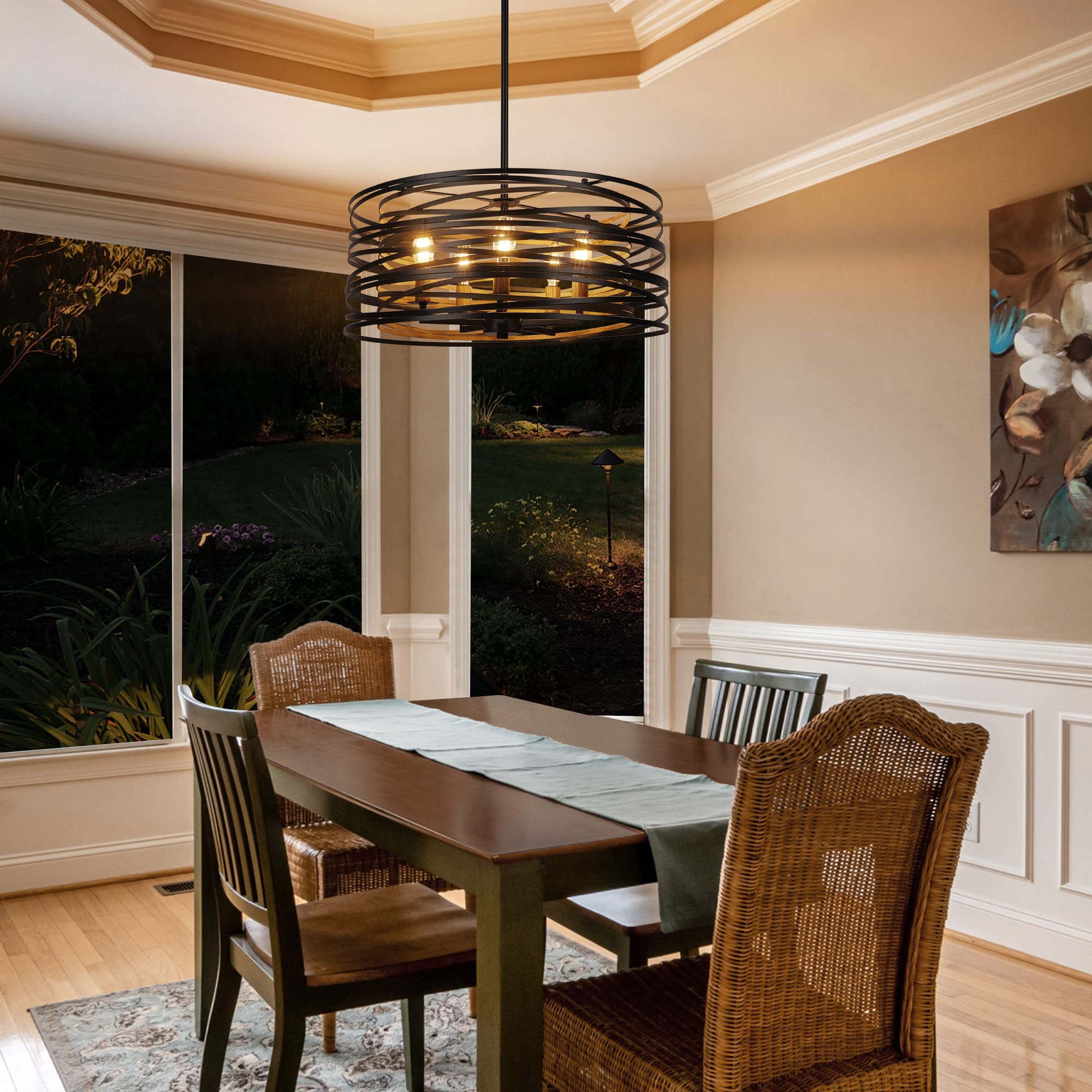 ACNKTZ 5-Light Farmhouse Chandelier, 19.7" Black Metal with Retro Wood Texture Interior, Model 881bb39a-50d6-49f0-9