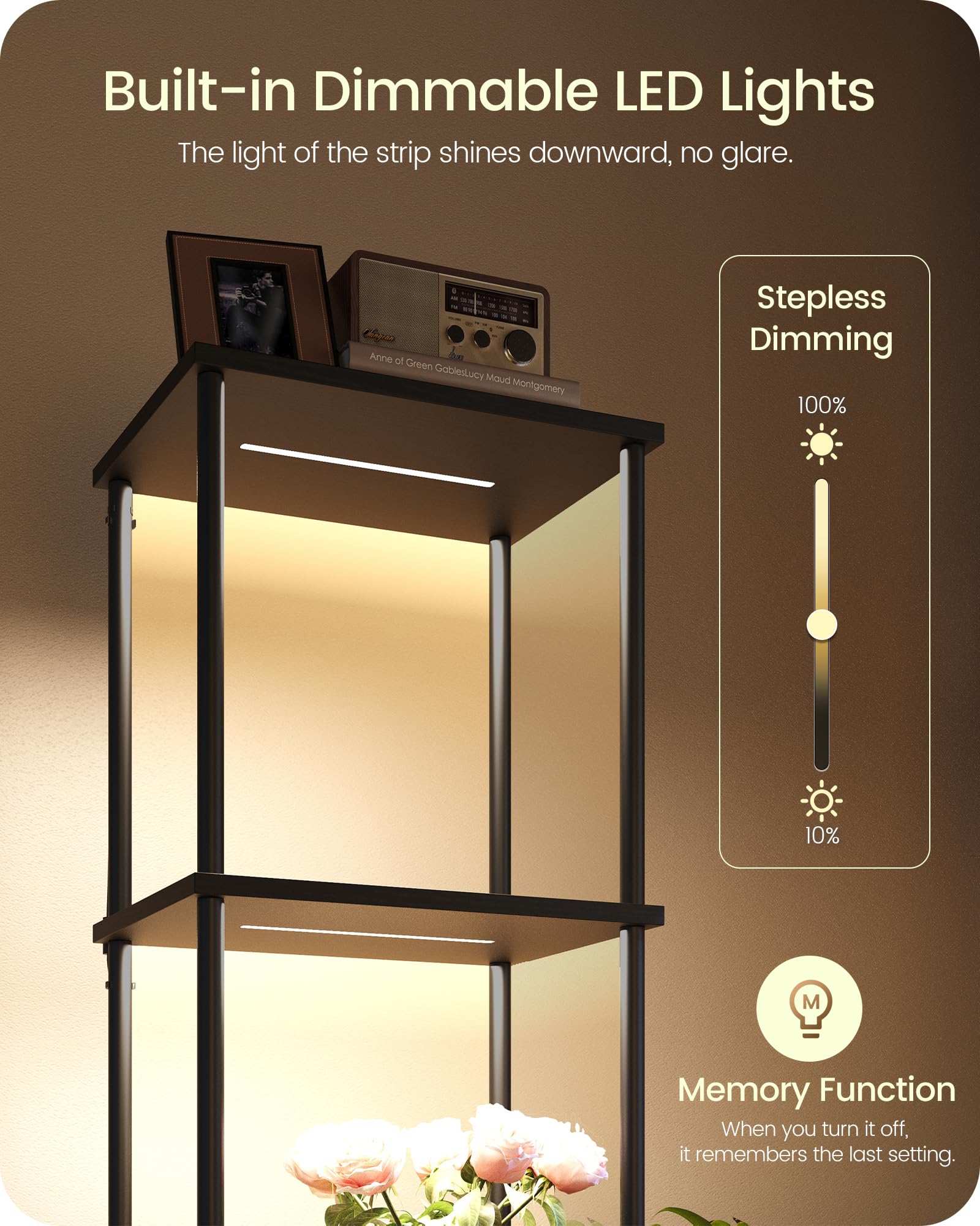 GOEBLESON 5-Tier Display Shelf Floor Lamp with Dimmable LED Light, Black, Model B52LD05, Remote & Foot Control, Corner Design