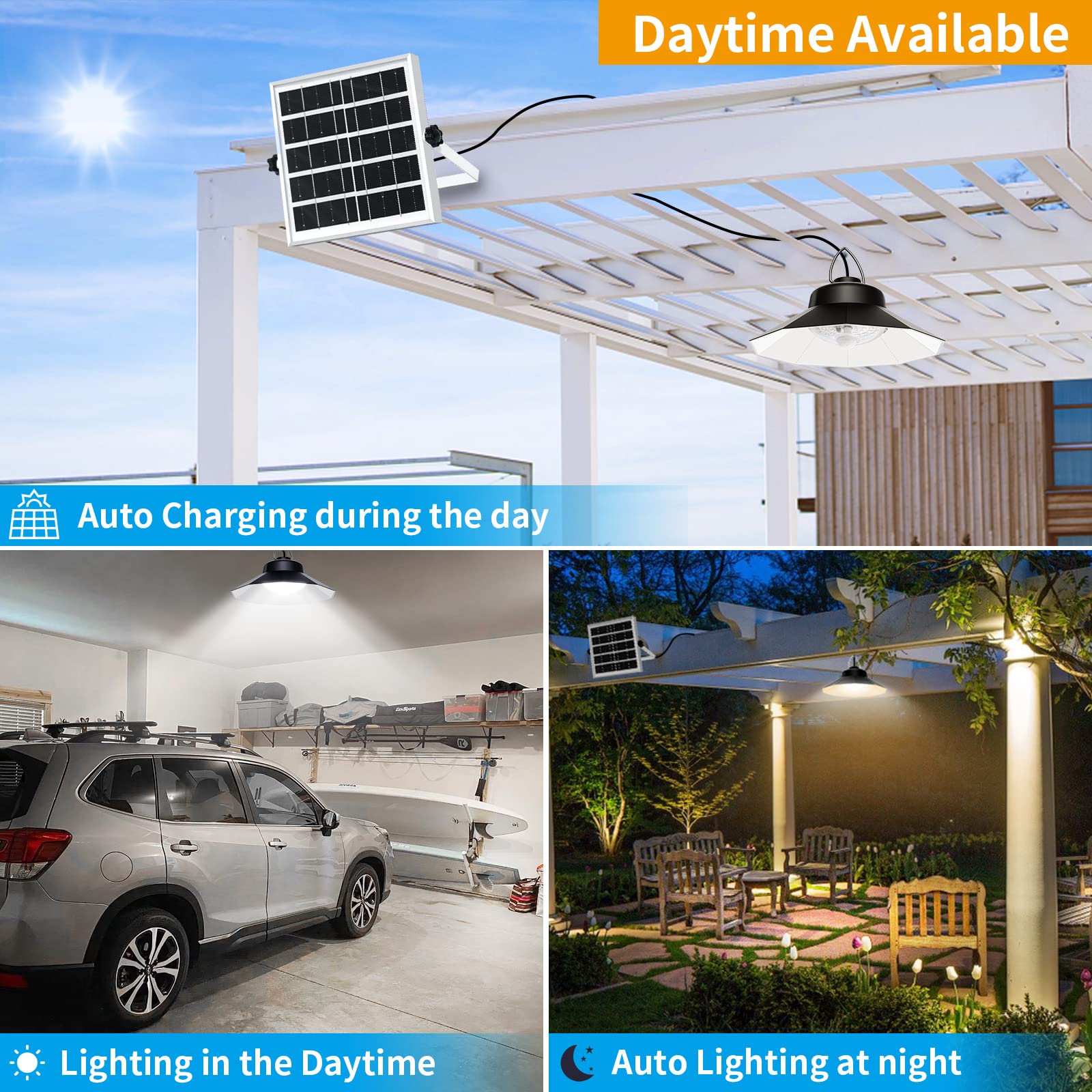 Aqonsie Solar Shed Light - 1200LM Indoor Outdoor Pendant with 3 Color Temperatures & 5 Modes, Black, Model L-0004