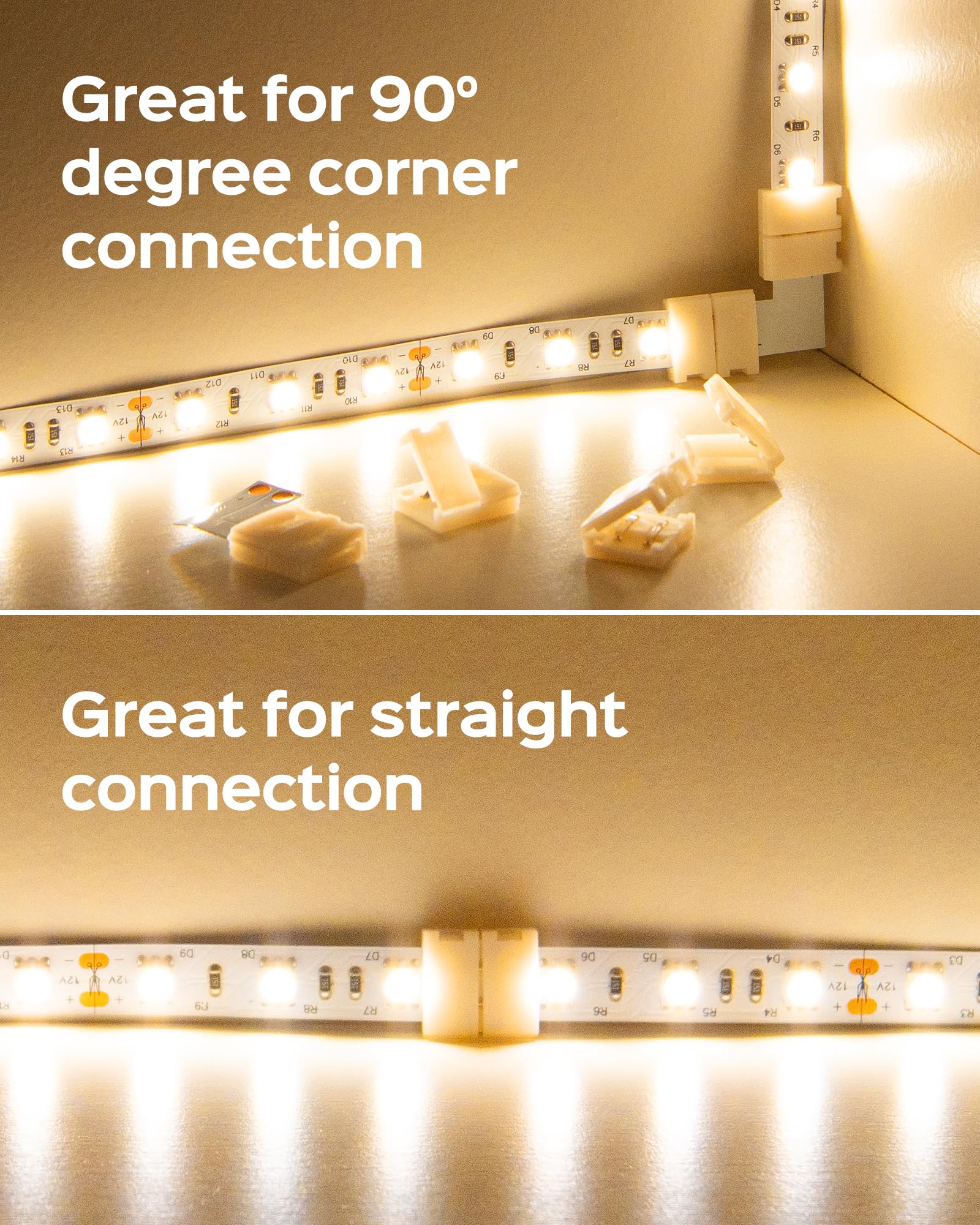 Jackyled 10Mm 2-Pin Led Strip Connectors For Led Strip Lights, Total 22Pcs Corner Connectors Kit For Unwired Gapless Solderless