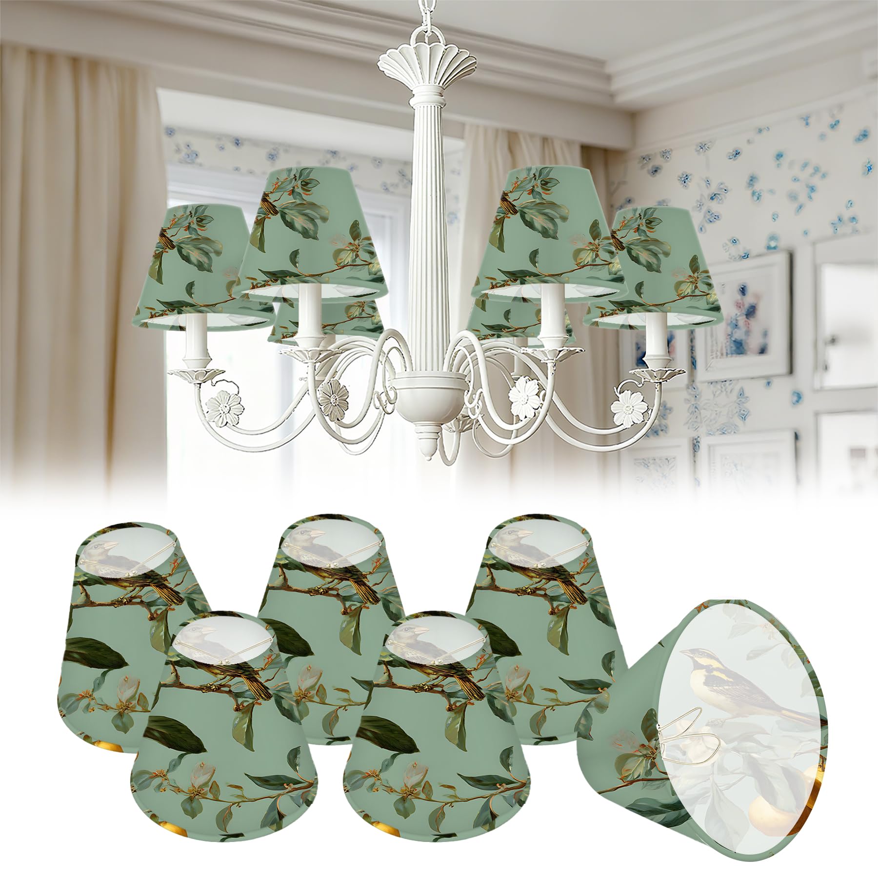 Set of 6 Mini Chandelier Lamp Shades, 3 Top x 6 Bottom x 5 Slant HD Printing Geometric Floral Leaves Marble Lampshade, Small Lam