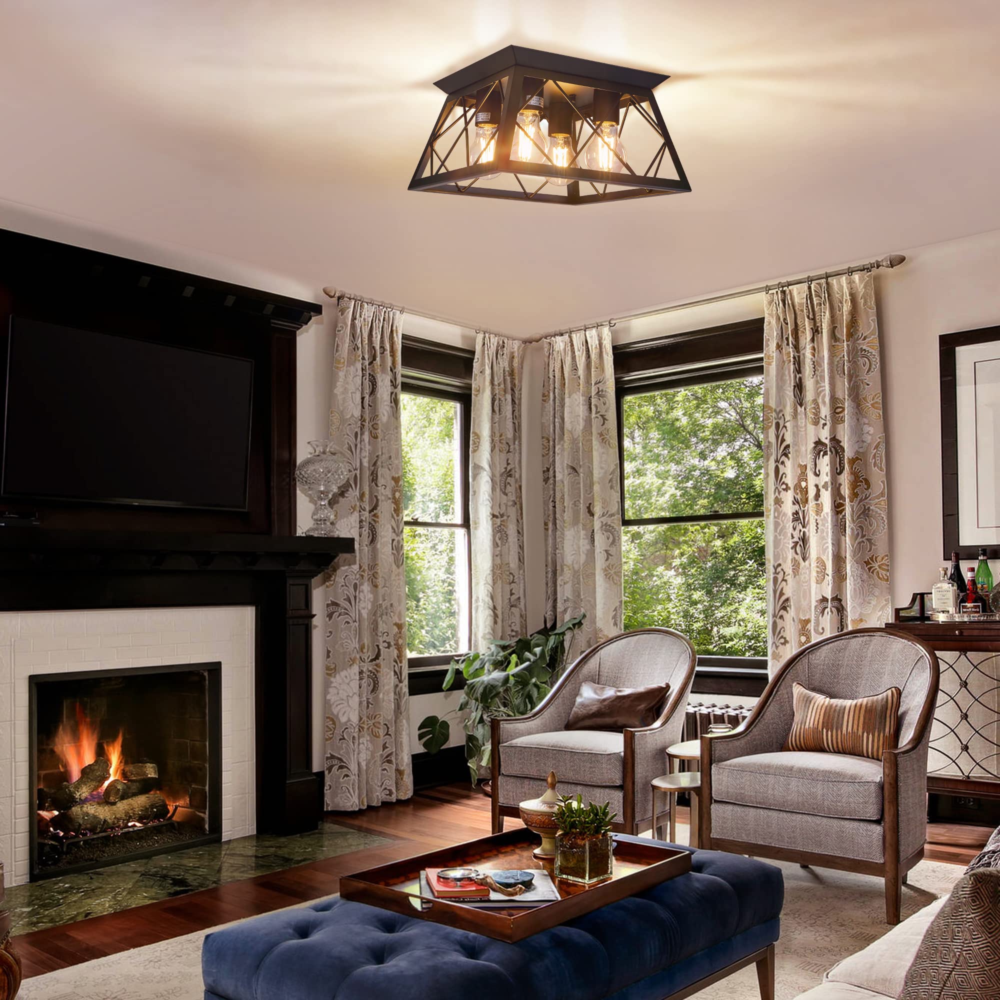 Fadimikoo 4-Light Black Metal Flush Mount Ceiling Light, Industrial Square Cage Design For Kitchen, Dining Room, Living Room