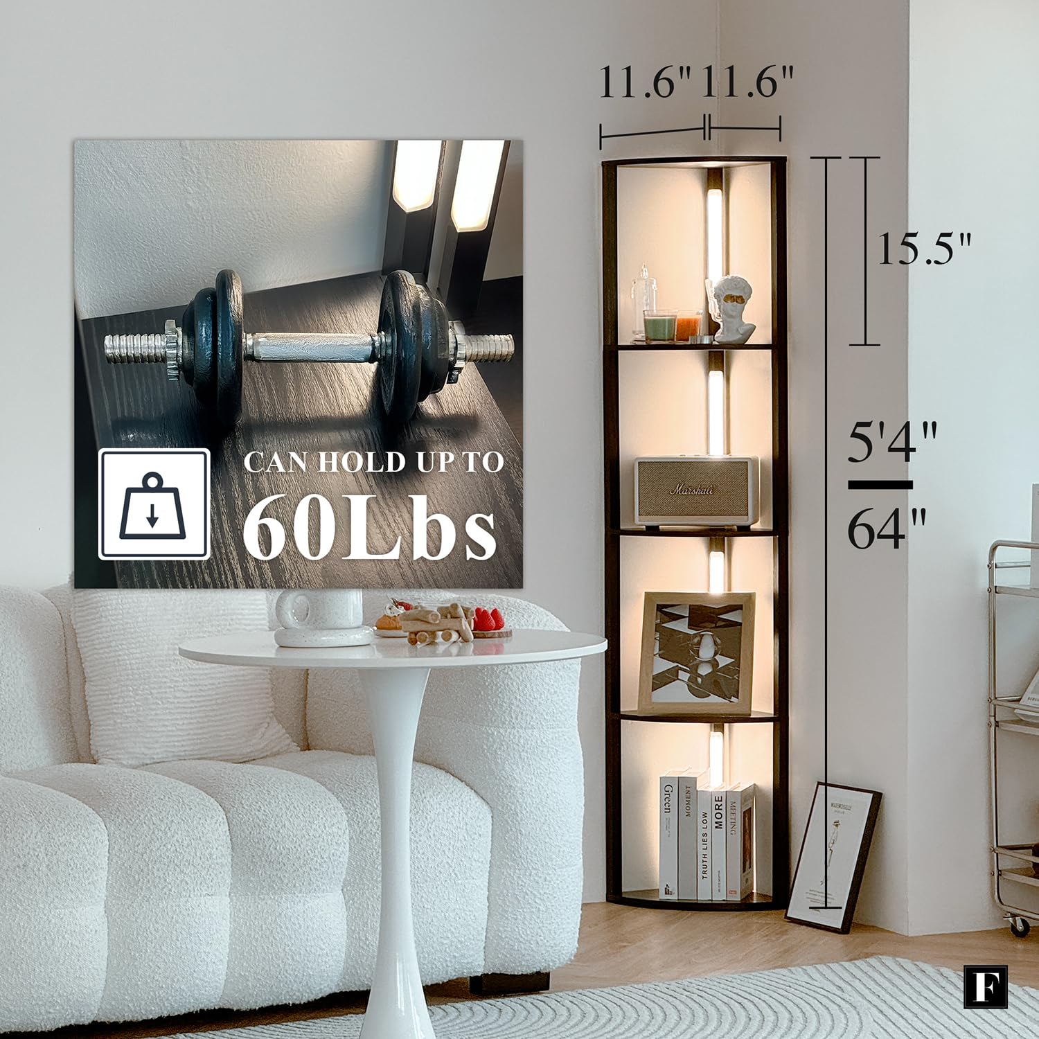 Fenlo Dimmable Led Corner Floor Lamp With Shelves, Corner Shelf Floor Lamps For Living Room, Led Corner Display Shelf With Light