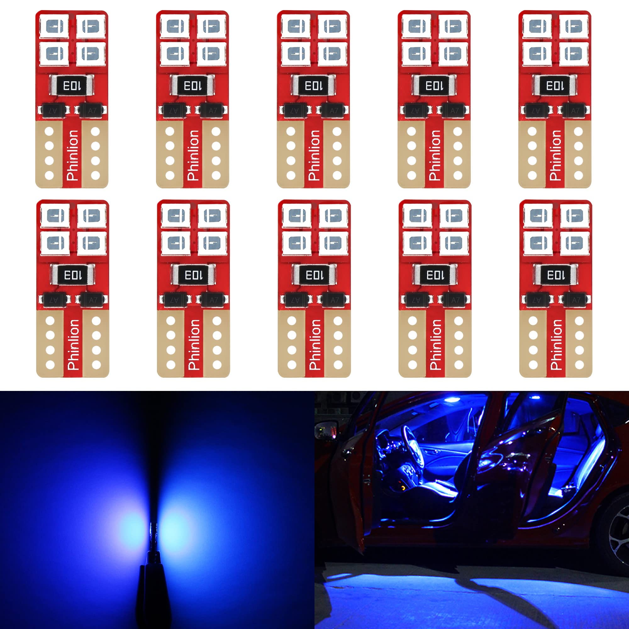 PHINLION T10 Blue LED Bulbs for Car Interior, Pack of 10, 12V, Model T10-2835-8SMD-B