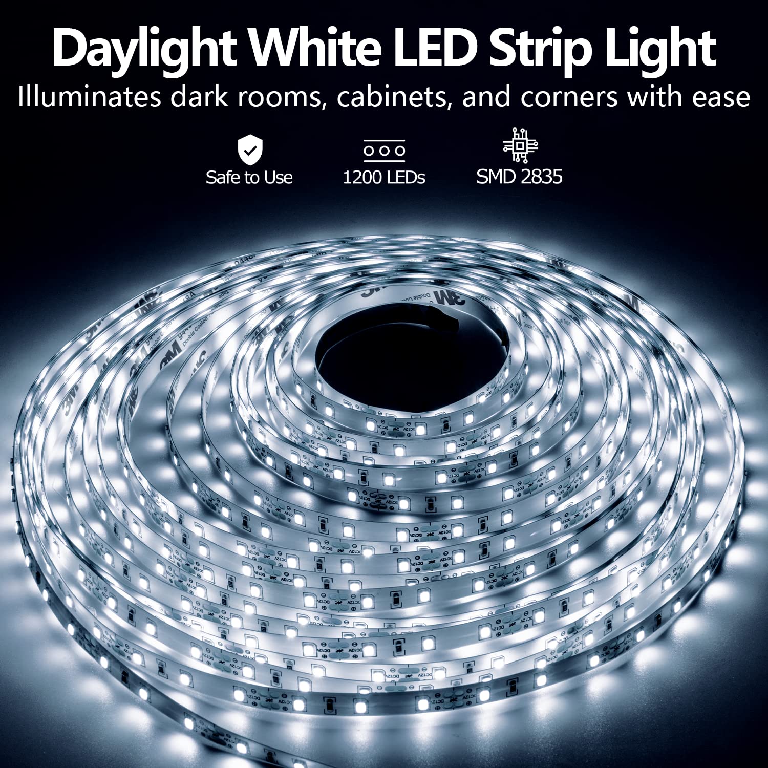 ollrieu LED Strip Lights 65.6ft Dimmable 6000K White 1200 LEDs for Kitchen, Under Cabinet, Bedroom, Model OL001020-01-US