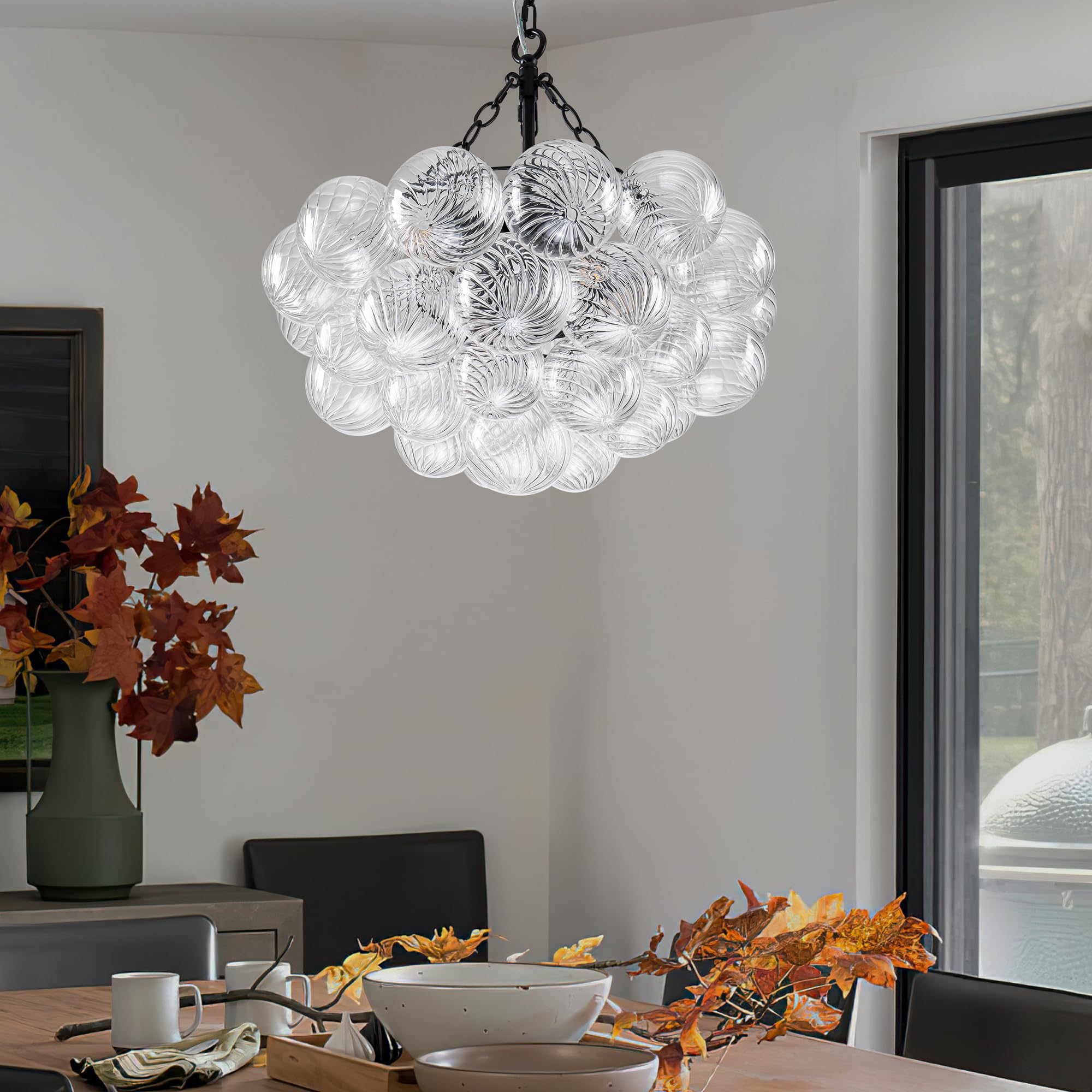Beypan Bubble Glass Ball Chandelier Black Ceiling Light Fixtures Swirled Clear Ribbed Blown Glass Globe Chandeliers 20'' Dia Pen