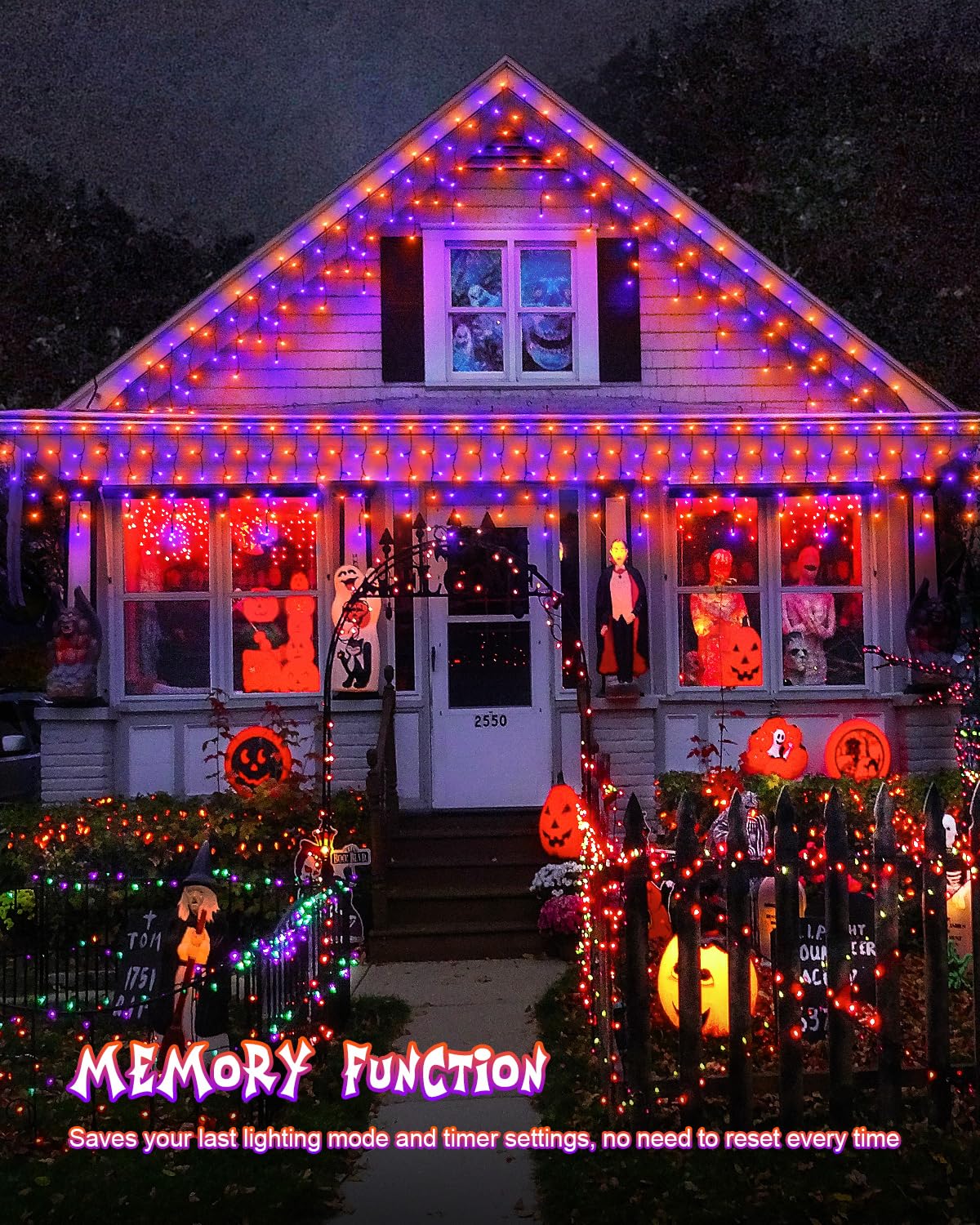 Jixxulvu Outdoor Halloween Lights  Waterproof 53Ft 486 Led Hanging String Lights With 108 Drops  8 Modes Timer  Connectable Plug-In Outside Lights For Party Eaves Yard Decorations  Purple And Orange