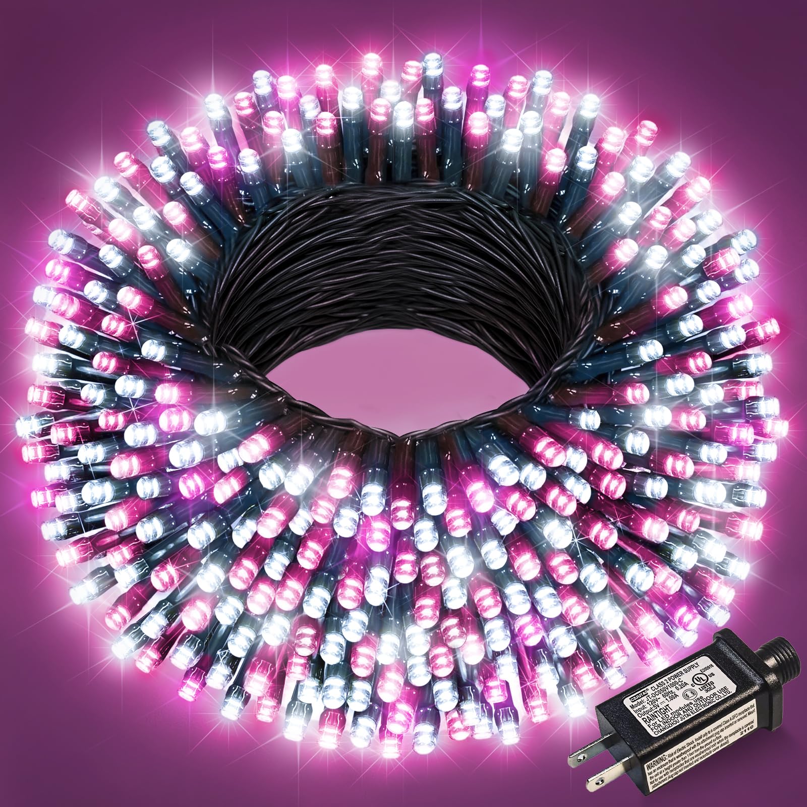 Nielfoi 100Ft 300 Led Christmas Lights  Christmas Tree Lights With 8 Modes Waterproof  Green Wire Outdoor String Lights  Plug In Xmas Decorations For Indoor House Yard Holiday  Pink White