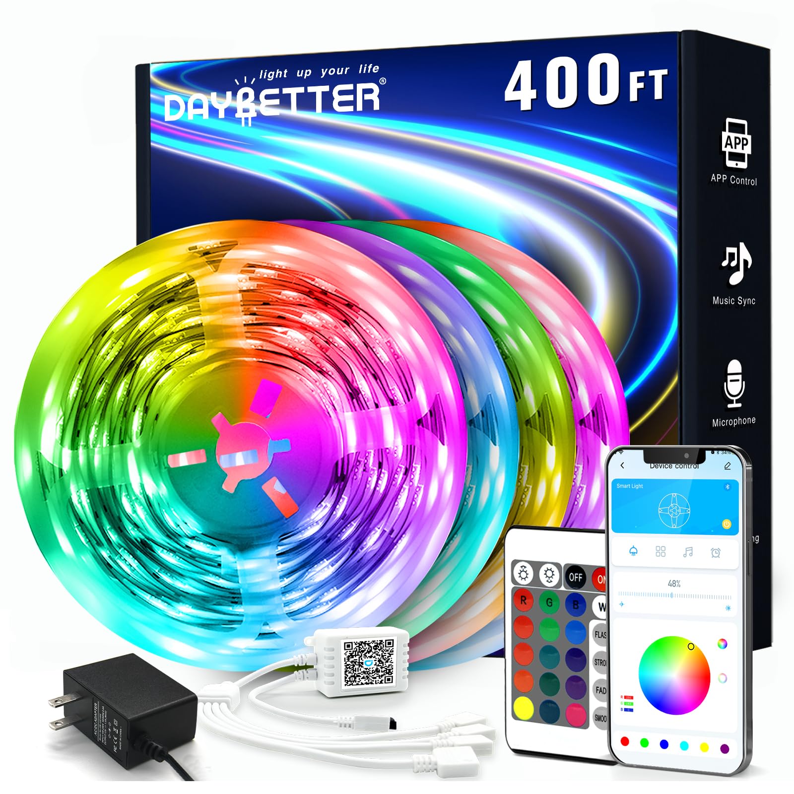 DAYBETTER LED Strip Lights, 400 ft Multicolor Color Changing, Plastic, with Remote and 24V Power Supply