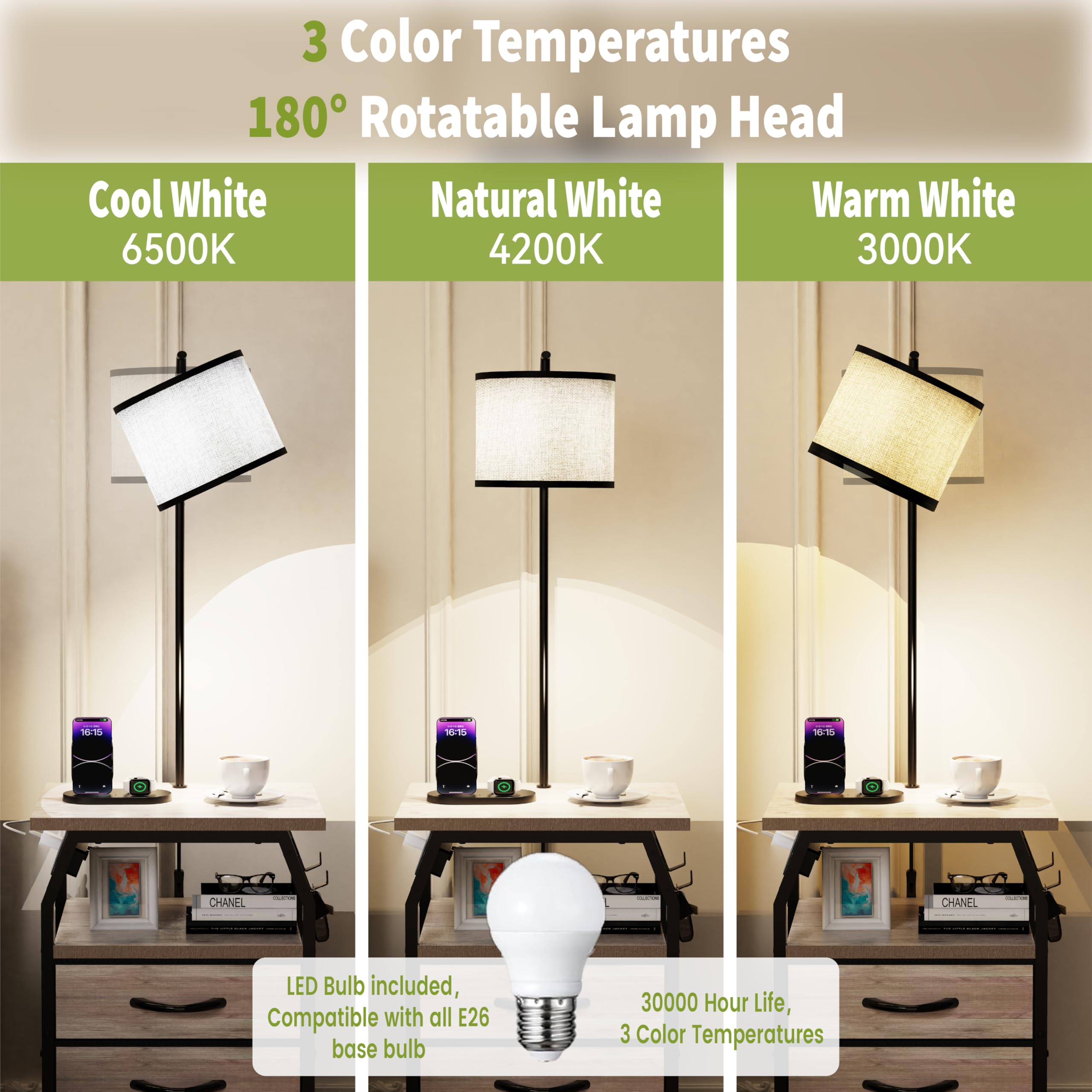 runjuly Floor Lamp & Table Set of 2 with 3-Color Temperature Bulb, Greige, Model AH0054-LG, Side Tables with Charging & Drawers