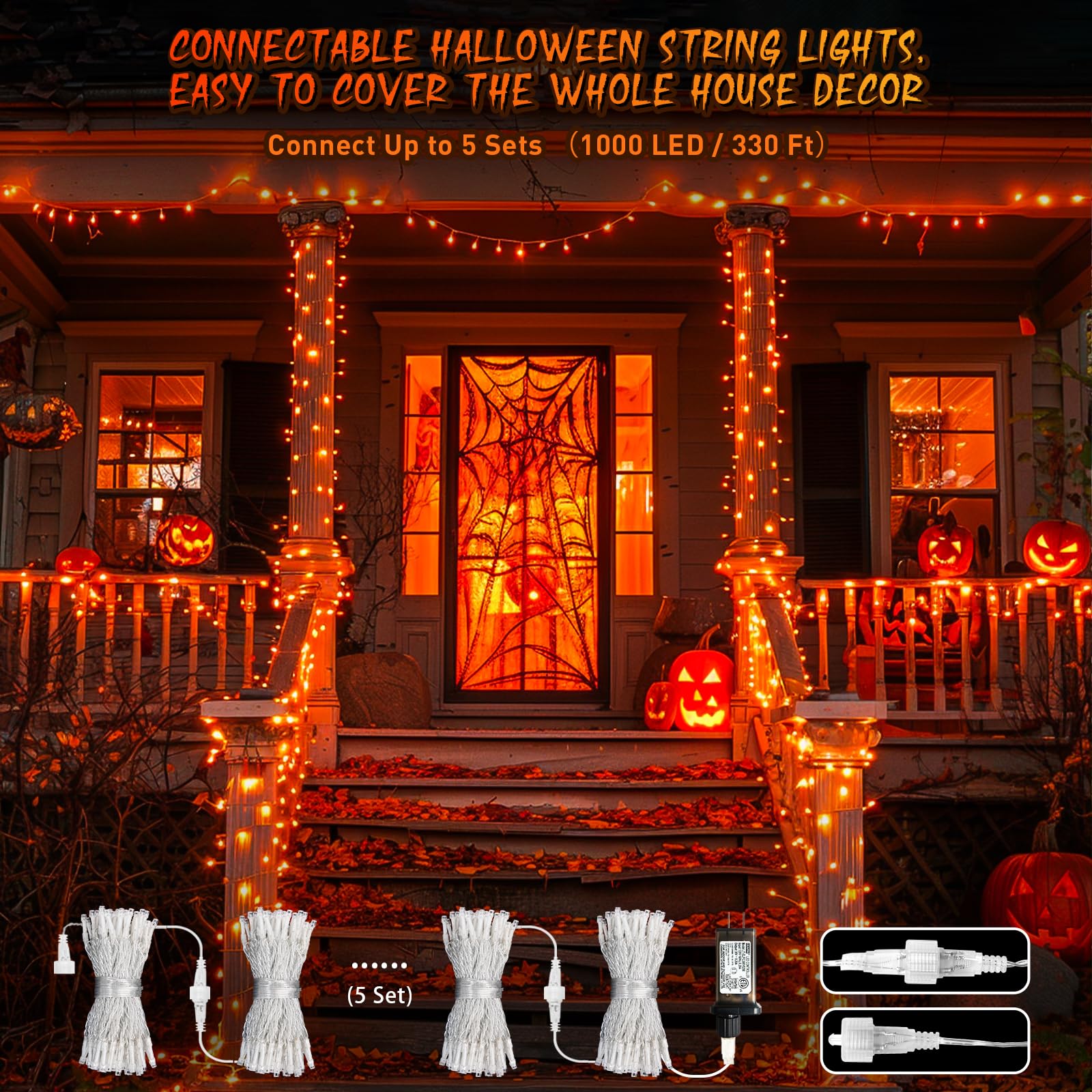 Jmexsuss 66Ft 200 Led Halloween Lights Outdoor, Connectable Halloween Orange String Lights Indoor Clear Wire, Fall Lights Plug I