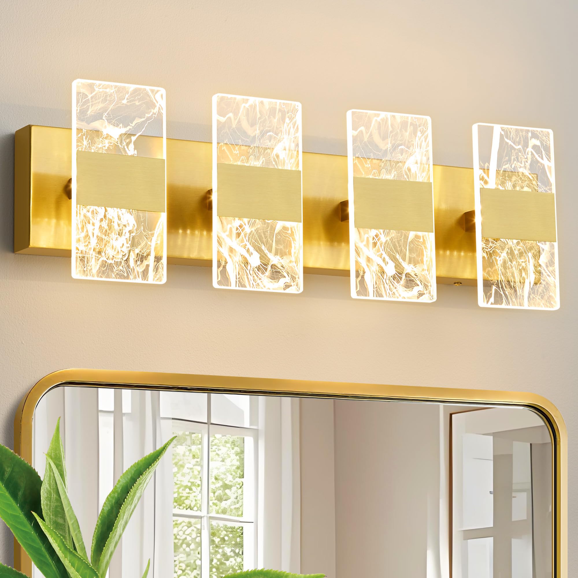 NADOSA Modern LED Bathroom Light Fixtures Dimmable 4-Light Gold Vanity Light  5CCT Adjustable Lighting Fixture Vanity Lights Over Mirror  Smoked Acrylic LED Vanity Lights for Bathroom