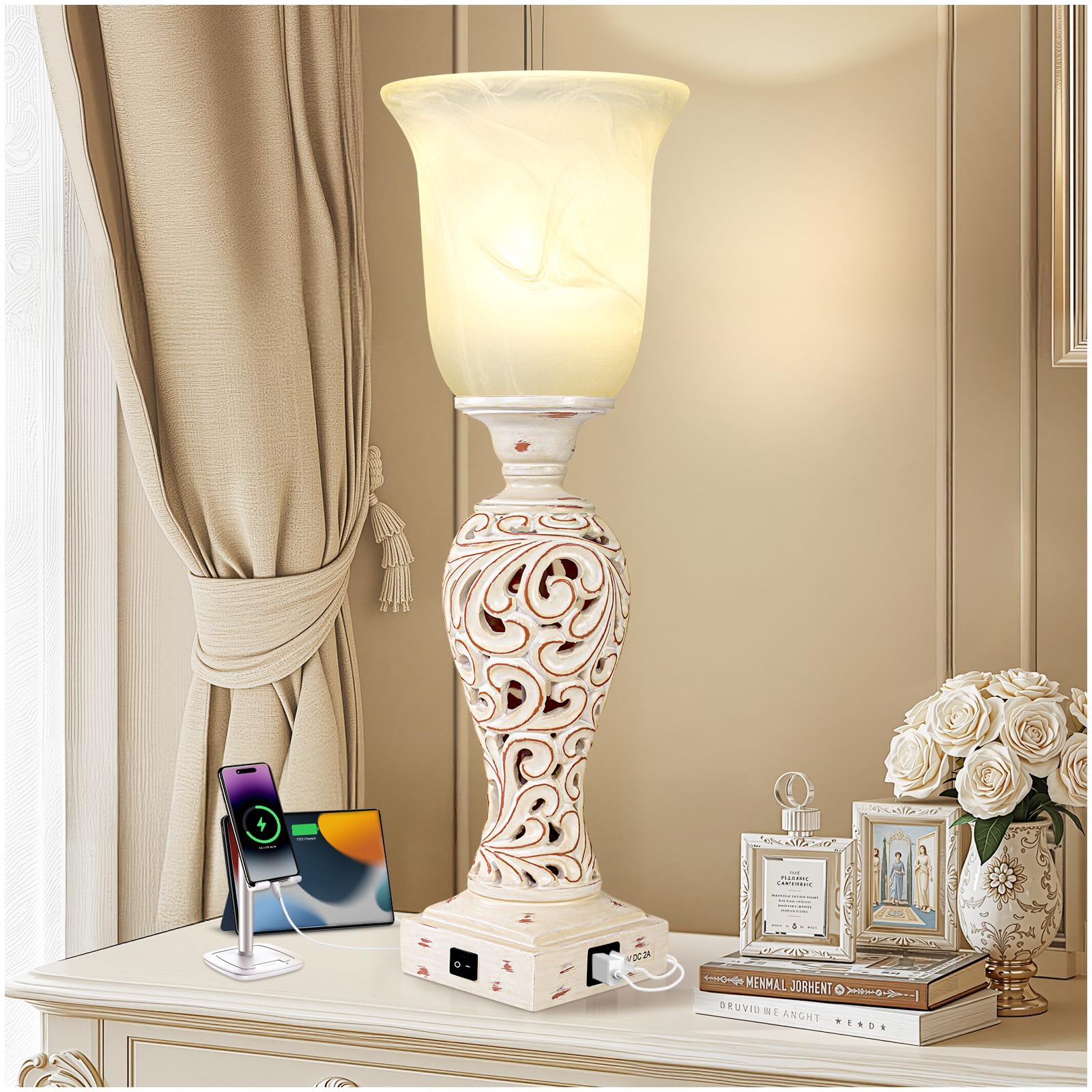 20 Bedside Lamp for Bedroom, Torchiere Table Lamp with 2 USB Charging Ports, Vintage Desk Lamp with Glass Shade, 3-Way Dimmable 