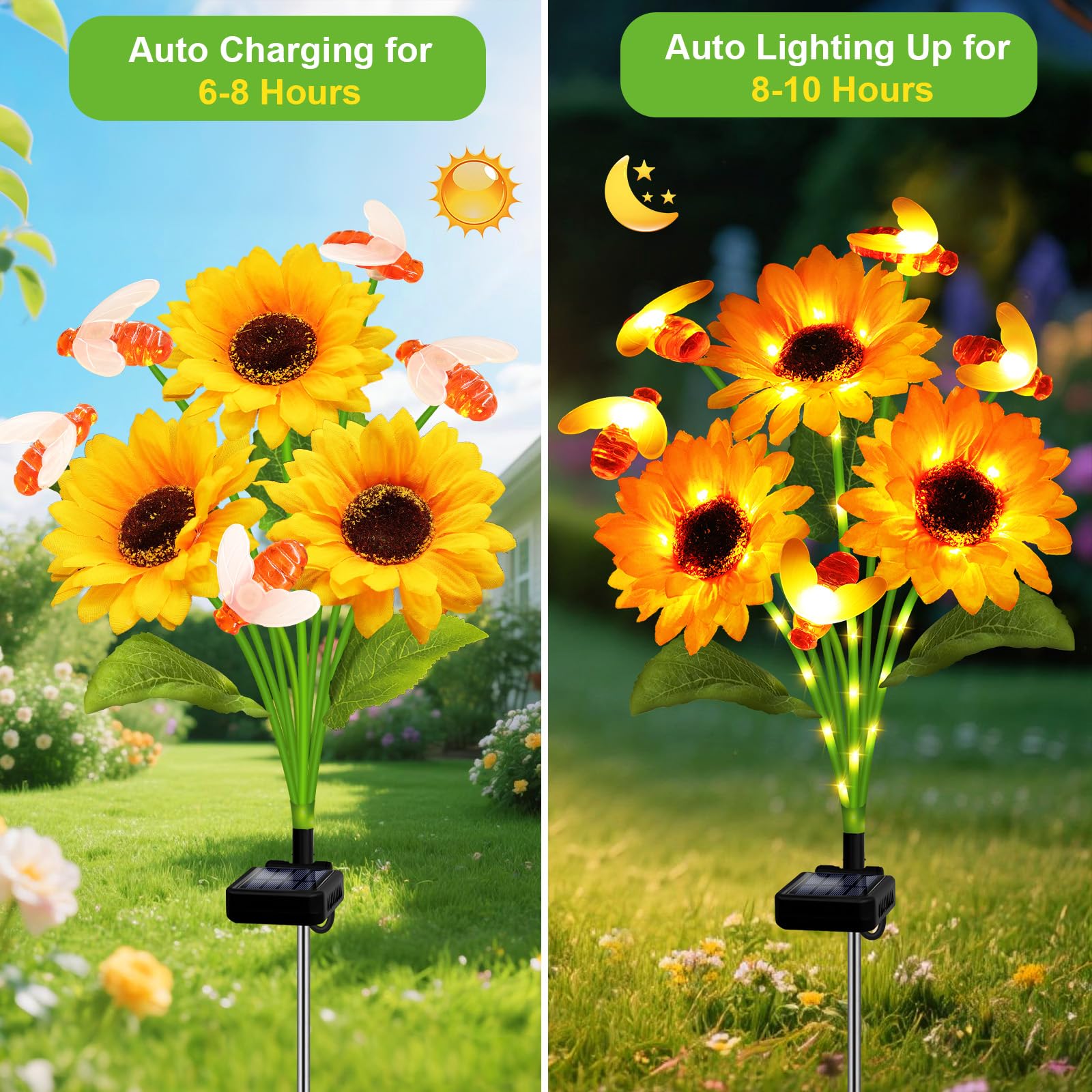 ANGMLN Solar Garden Lights 6 Pack, Waterproof Warm White Swaying Bee Lights with Sunflowers, Model XM-6Tsunflowerbee-6