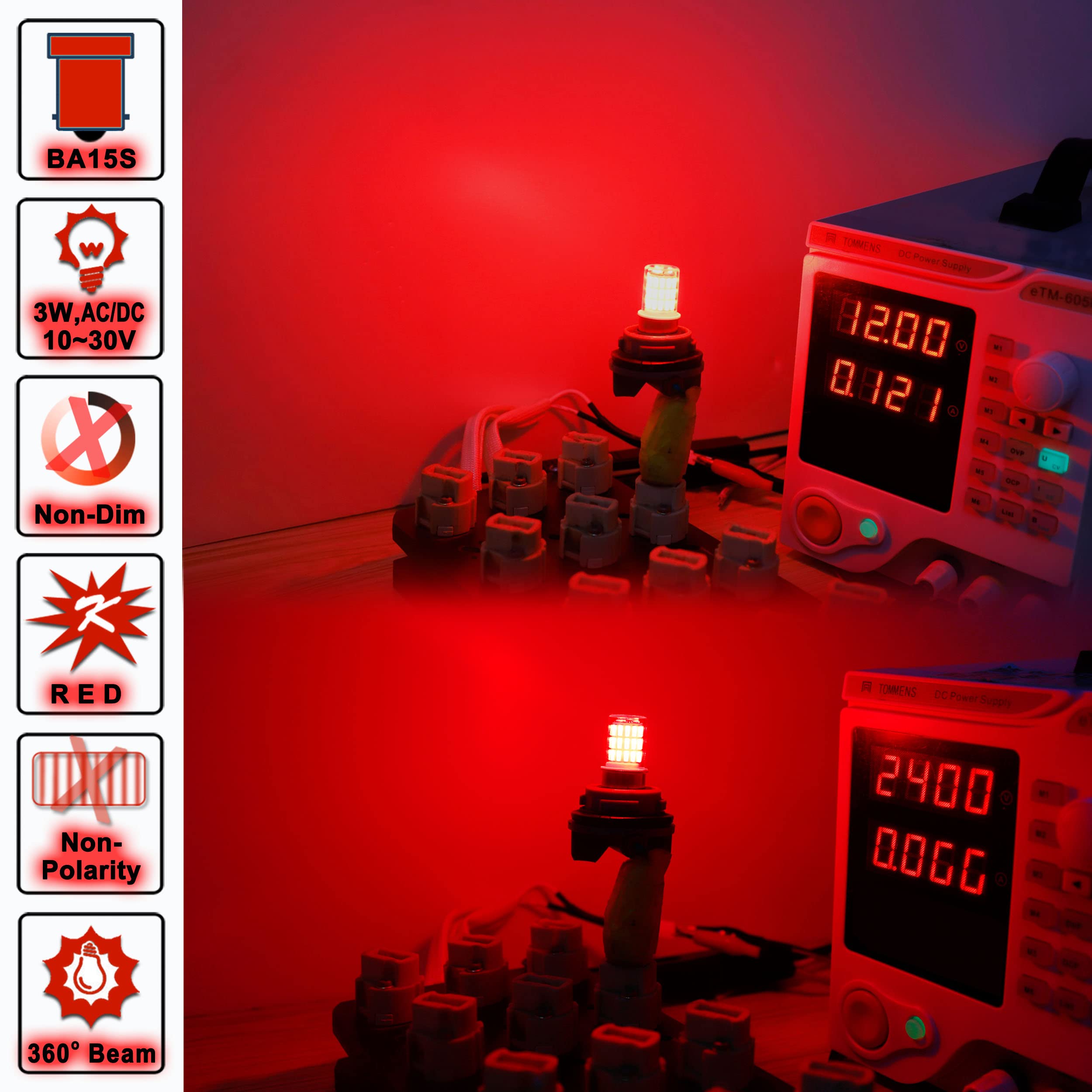 Ziomitus 12V LED Bulbs, BA15S, 1156 Red, for Brake/Tail/Turn Signal Lights, 4-Pack