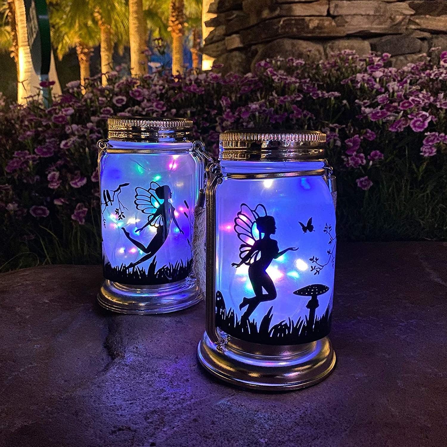 Vcdsoy Solar Fairy Lantern - 2 Pack Outdoor Hanging Lamp, Frosted Glass Jar, Multicolor, Garden Decorations, Gifts for Mom