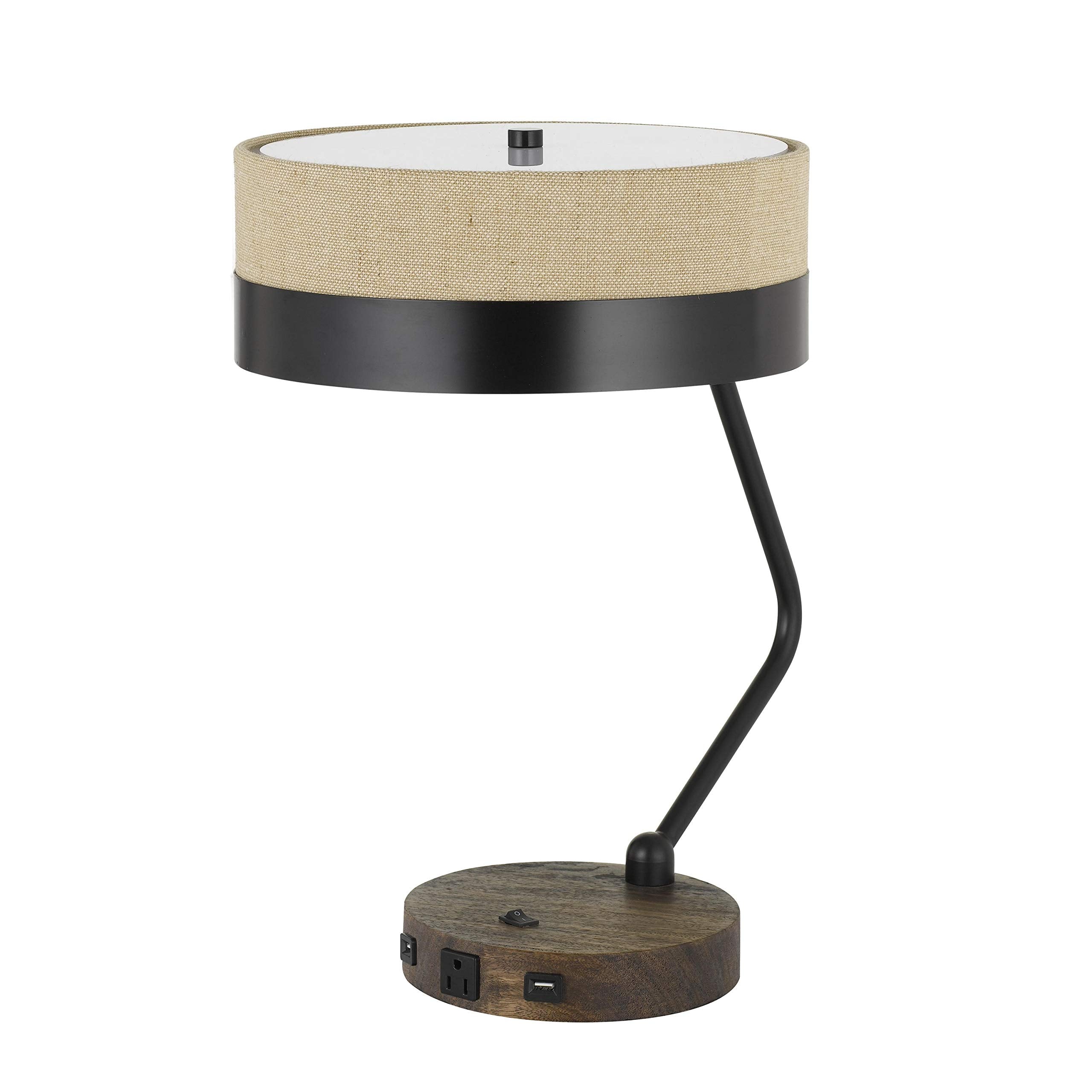 Benjara Metal Lined Fabric Shade Desk Lamp With Wooden Base, Beige And Black