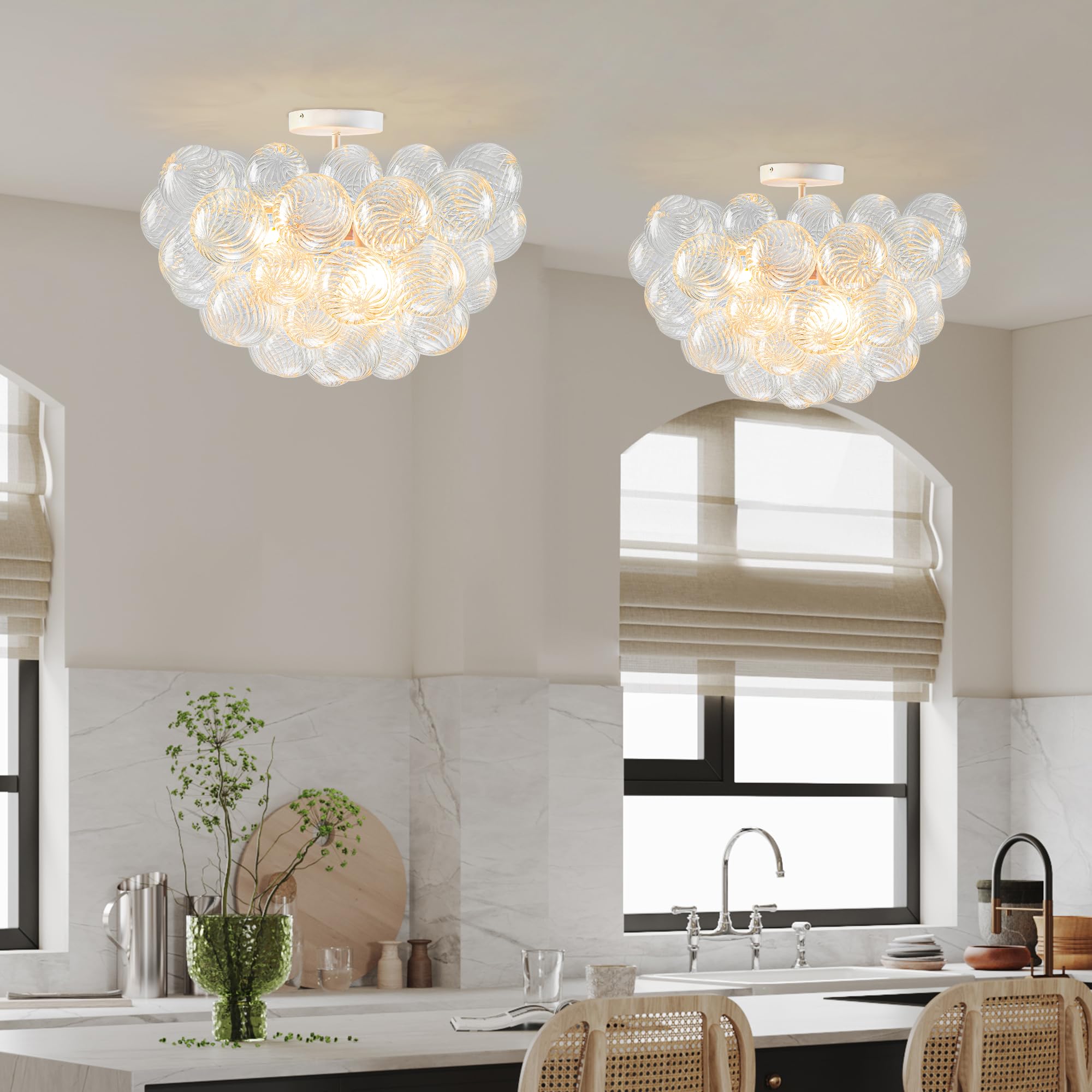 Beypan Bubble Ball Glass Chandelier White Finish Clear Ribbed Blown Glass Globe Semi Flush Mount Ceiling Light Fixture 20'' Dia