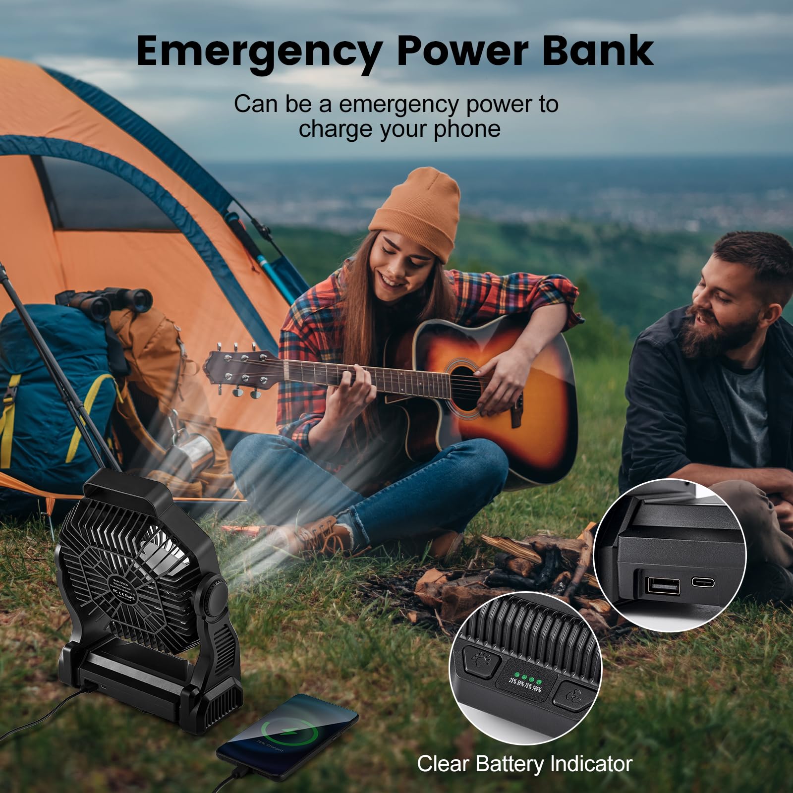 Odoland Rechargeable Camping Fan - 20000mAh Battery, LED Lantern, Portable Desk Cooling Fan, Black, Model OD0729B-Odoland